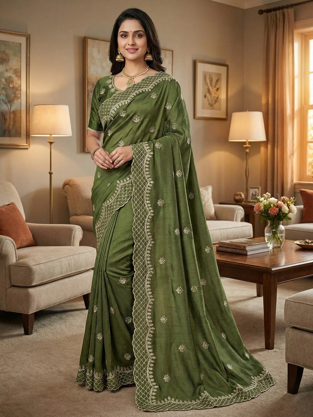 Green Floral Design Vichitra Silk Saree Featuring Intricate Thread & Sequins Embroidery