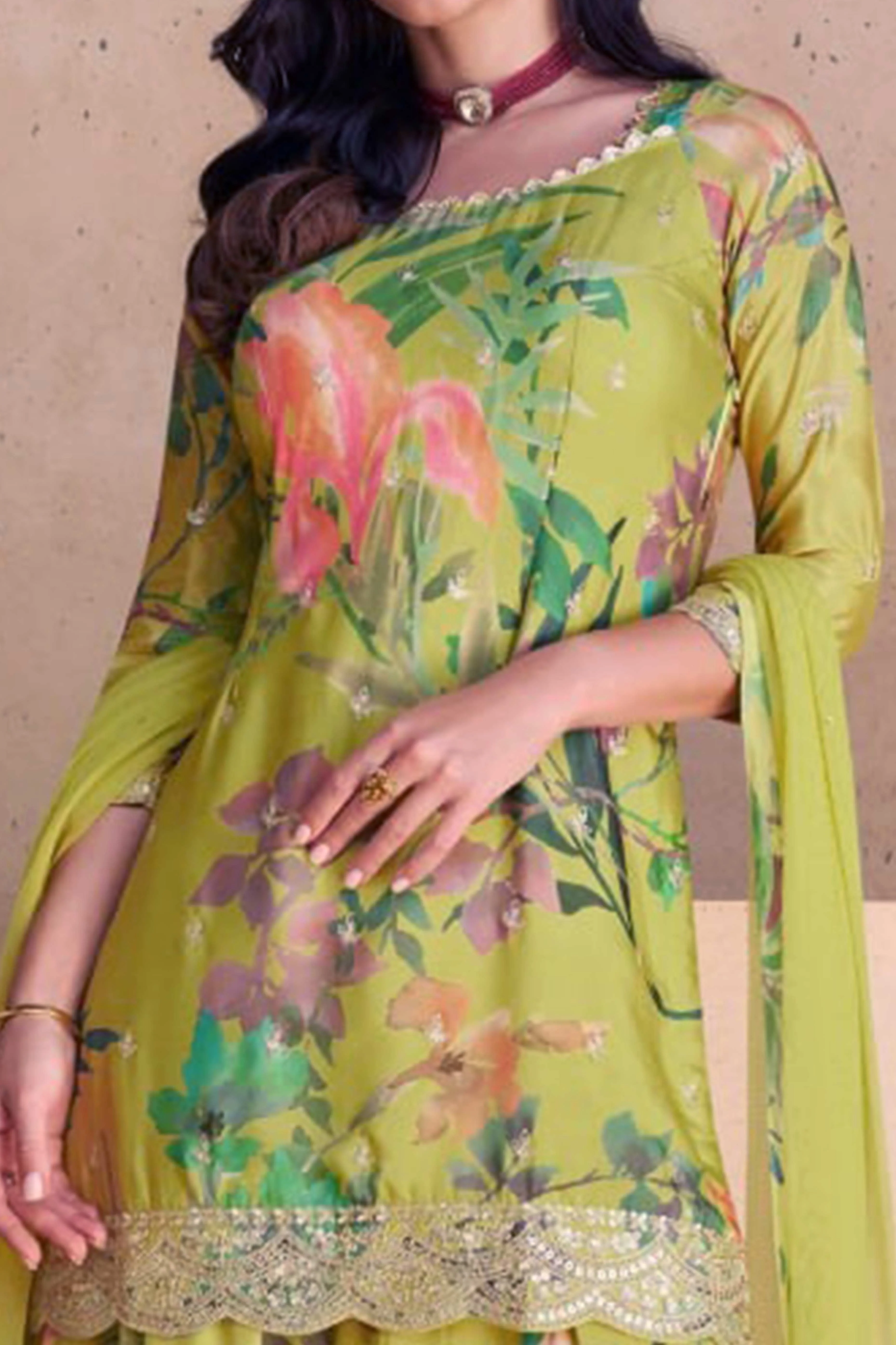 Green Floral Digital Print With Sequins Embroidered Chinon Palazzo Suit - Image 2