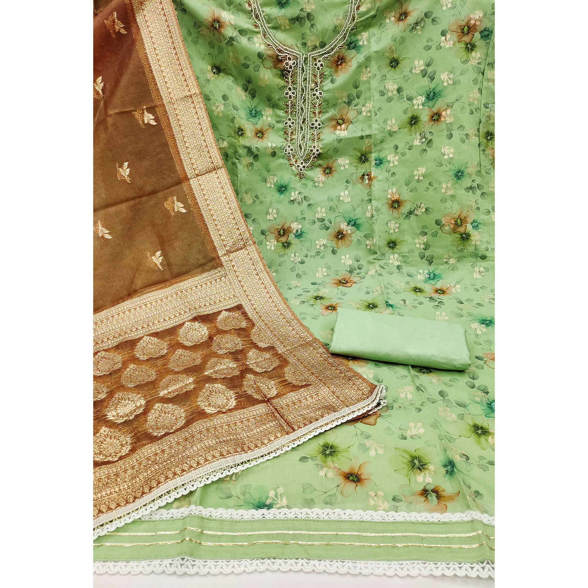 Green Floral Digital Printed Banarasi Chanderi Silk Dress Material Enhanced With Hand Work - Image 3