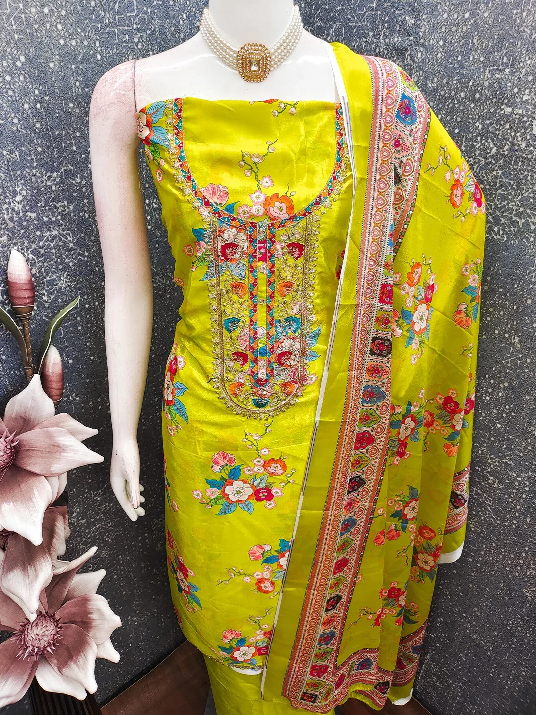 Green Floral Digital Printed Chinon Dress Material Designed for Chic Ethnic Styling - Image 2