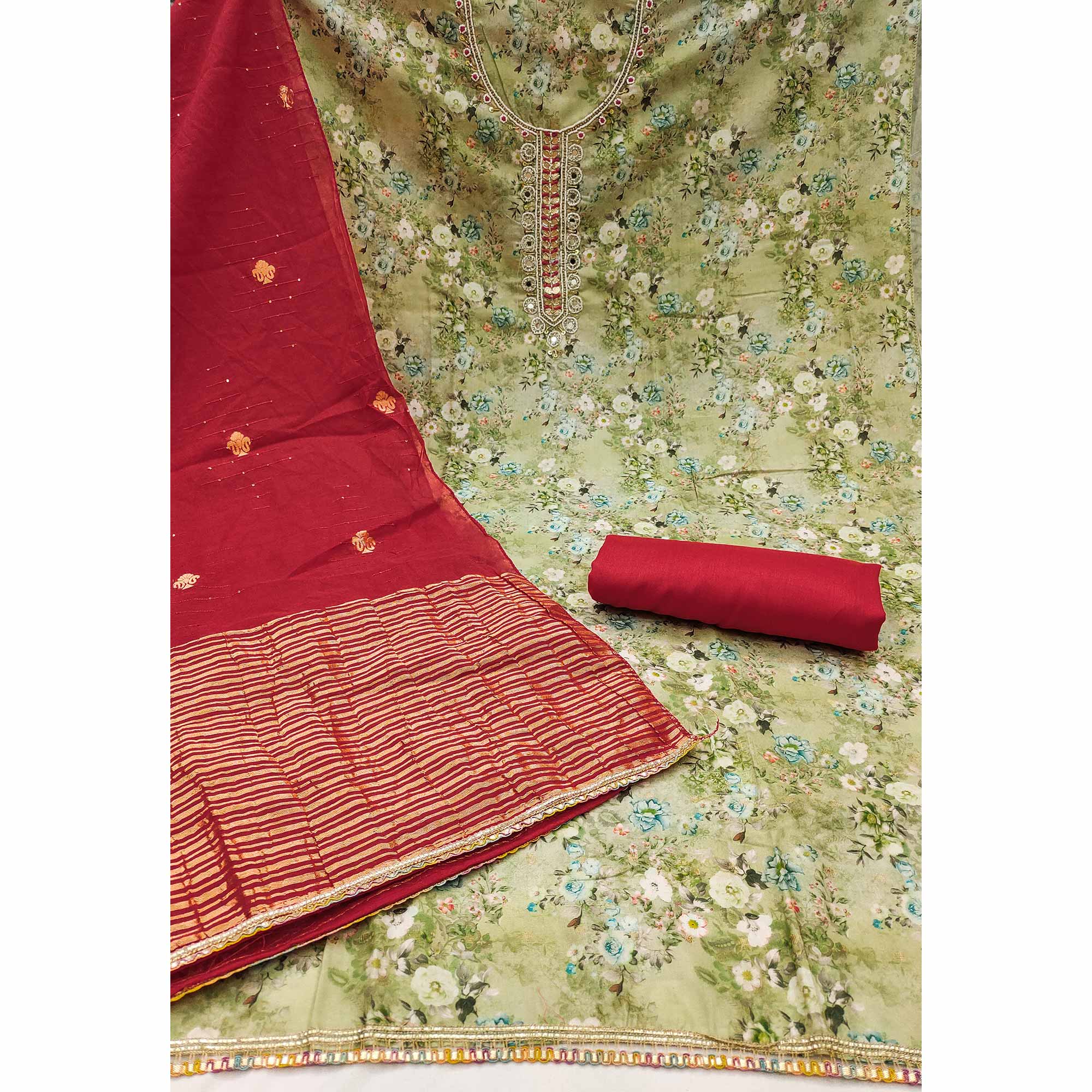Green Floral Digital Printed Cotton Blend Dress Material Embellished With Moti Hand Embroidery - Image 4