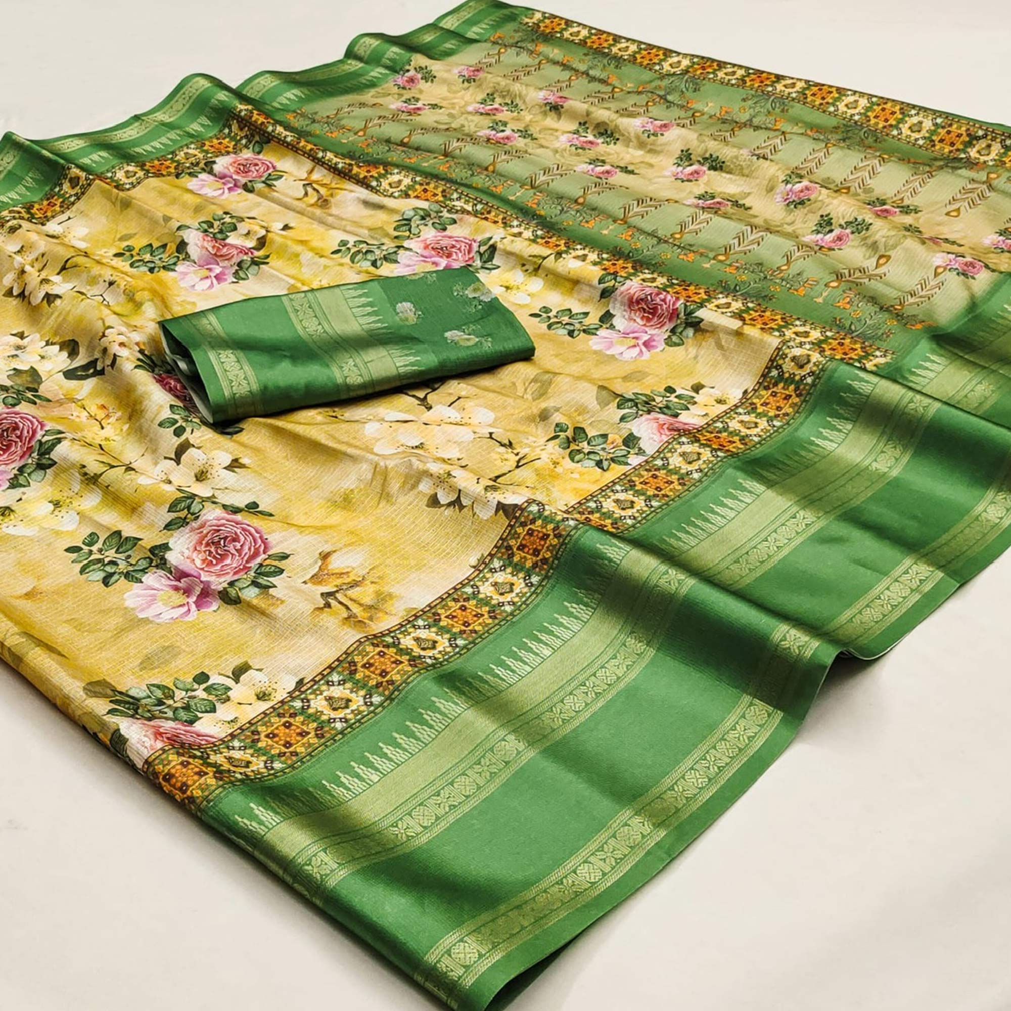 Green Floral Digital Printed Cotton Silk Saree - Image 3