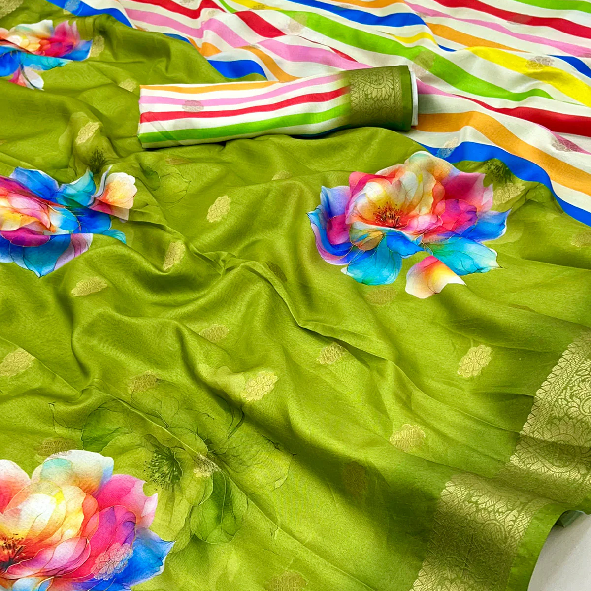 Green Floral Digital Printed Dola Silk Saree With Woven Border - Image 2