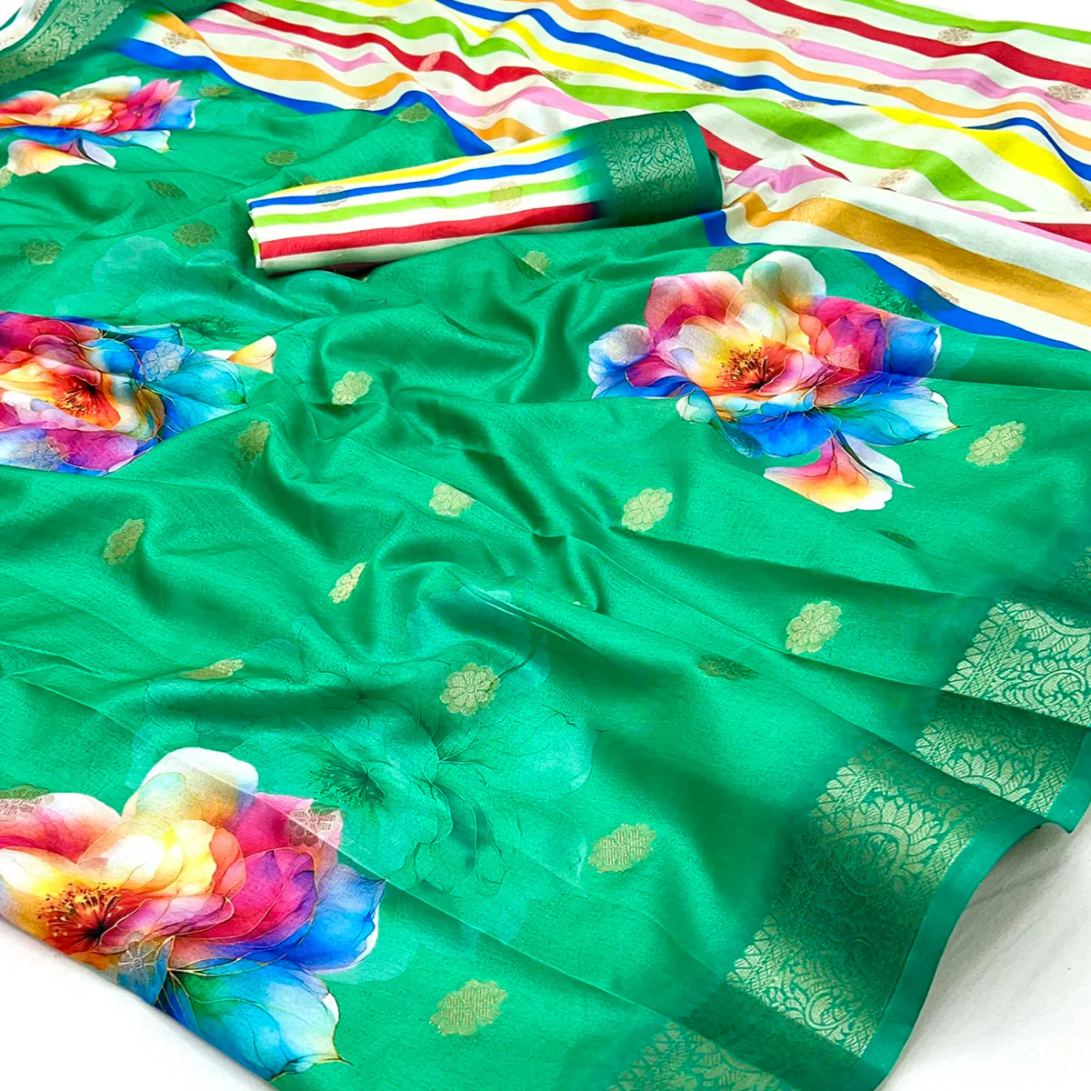 Green Floral Digital Printed Dola Silk Saree With Woven Border - Image 2
