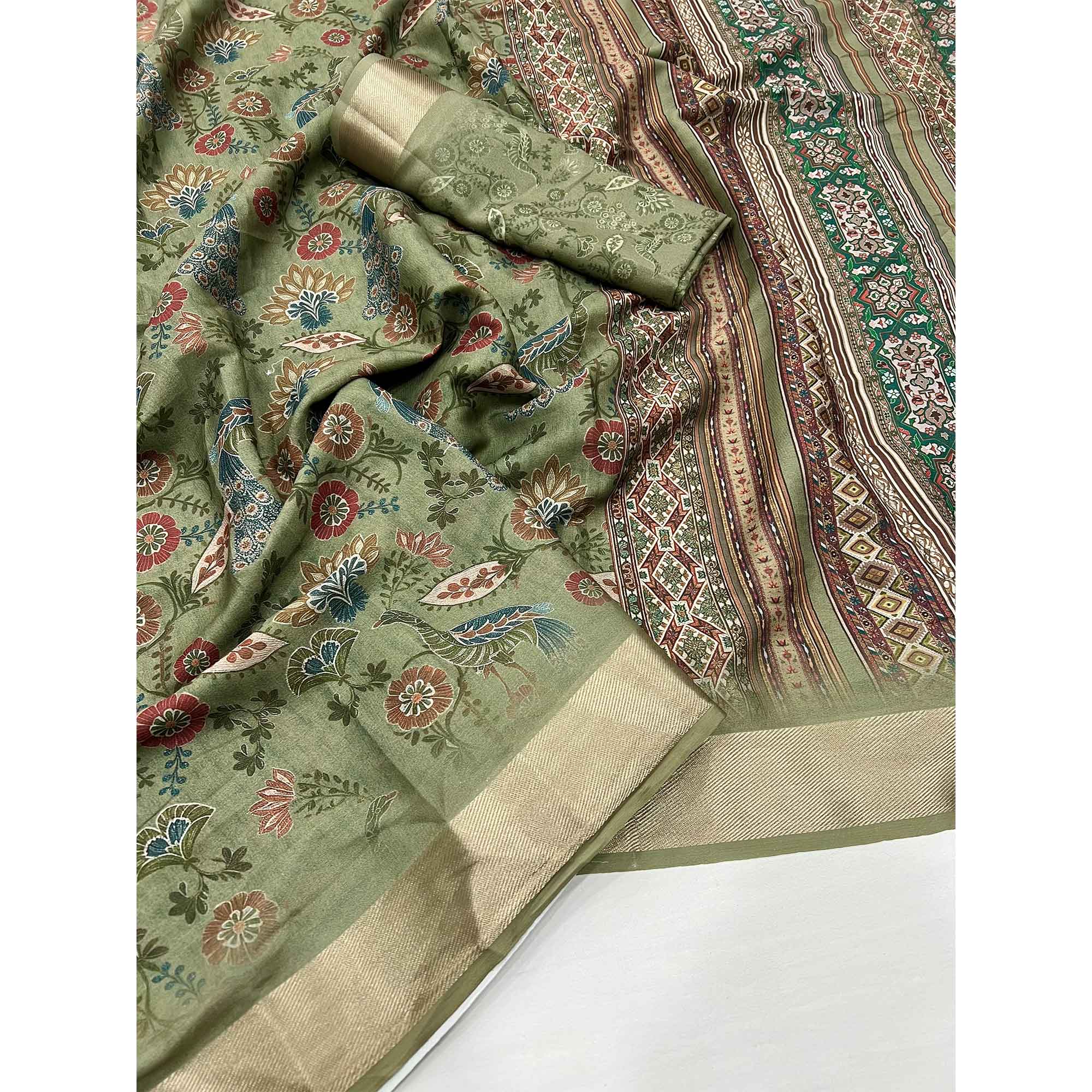 Green Floral Digital Printed Georgette Saree With Zari Border - Image 3