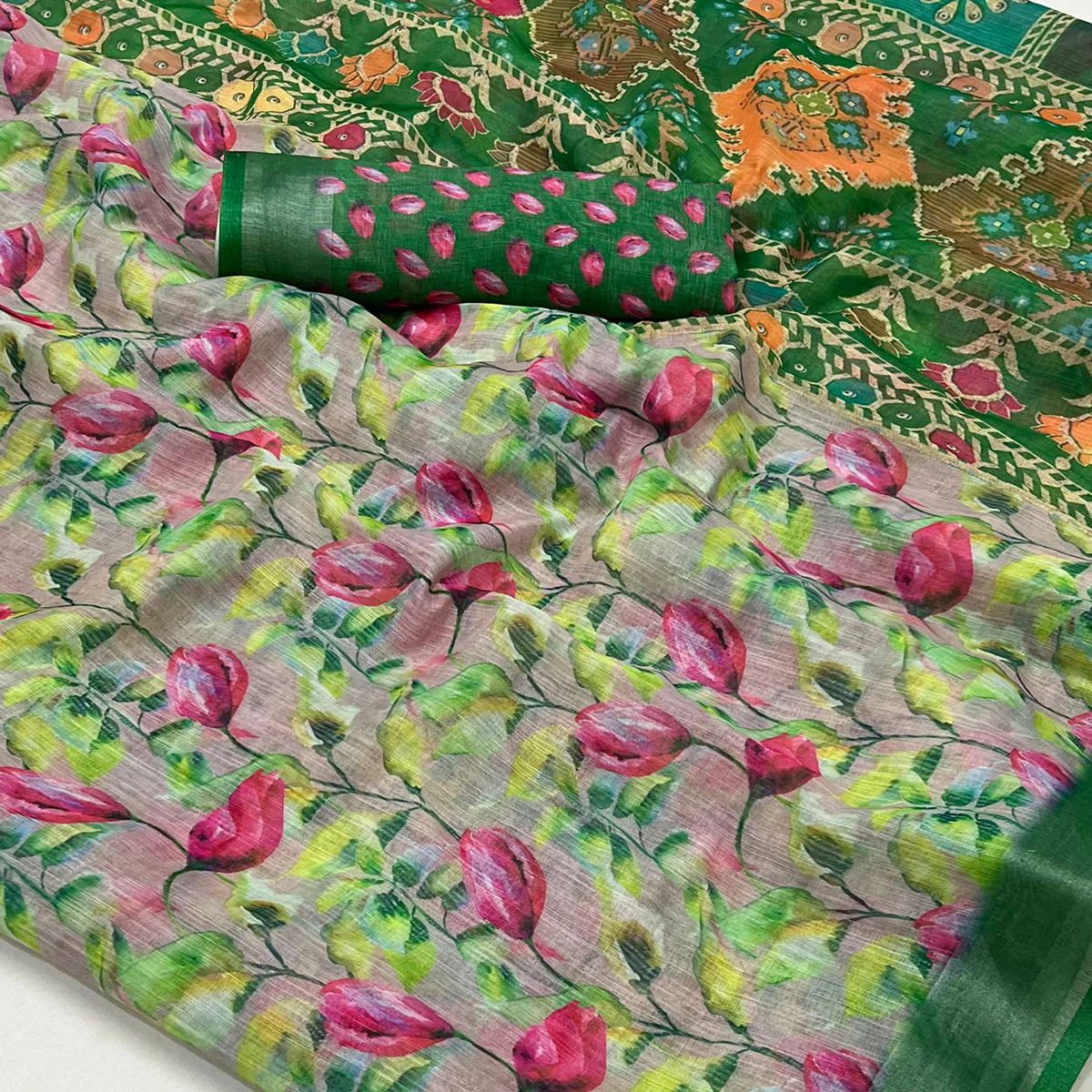 Green Floral Digital Printed Linen Saree With Zari Border - Image 2