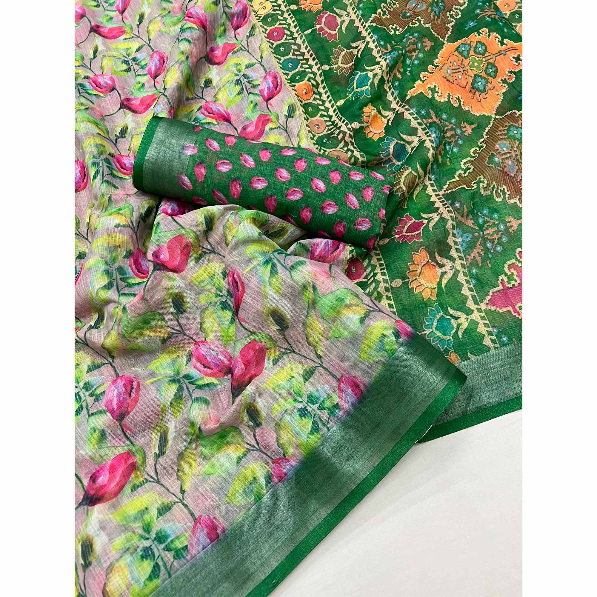 Green Floral Digital Printed Linen Saree With Zari Border - Image 3