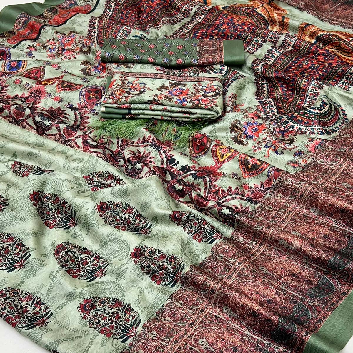 Green Floral Digital Printed Pashmina Saree With Shawl - Image 2