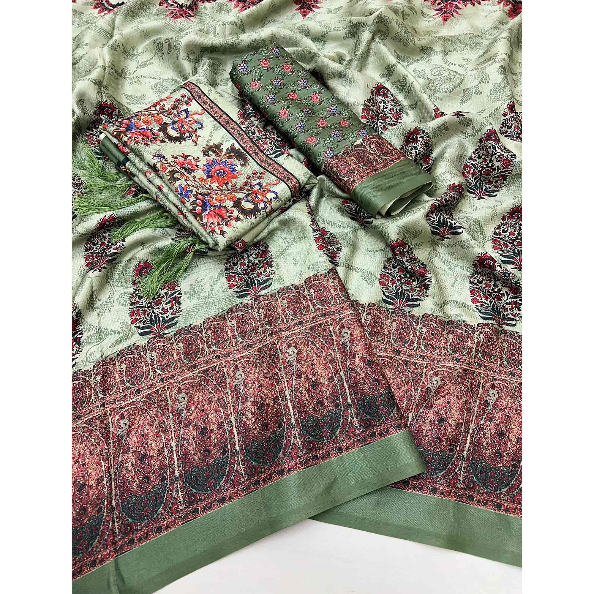 Green Floral Digital Printed Pashmina Saree With Shawl - Image 3