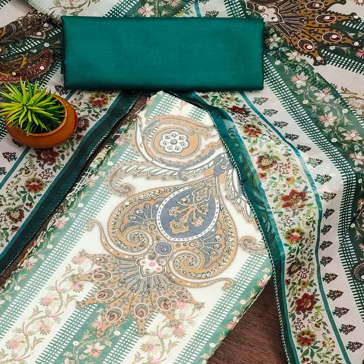 Green Floral Digital Printed With Diamond Work Organza Dress Material - Image 2