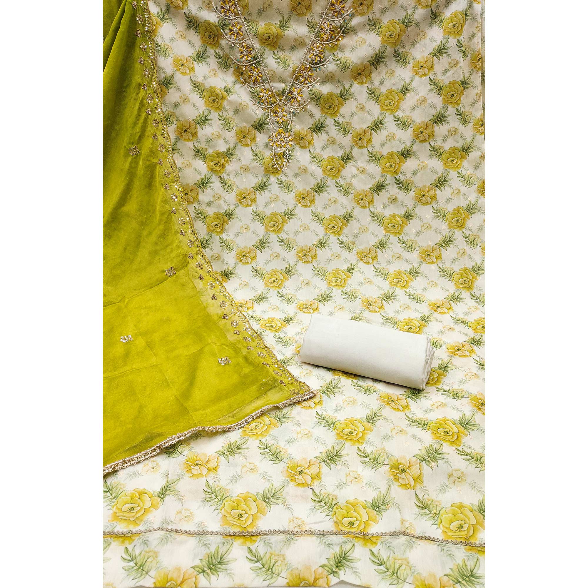 Green Floral Digital Printed With Handwork Chanderi Silk Dress Material - Image 4