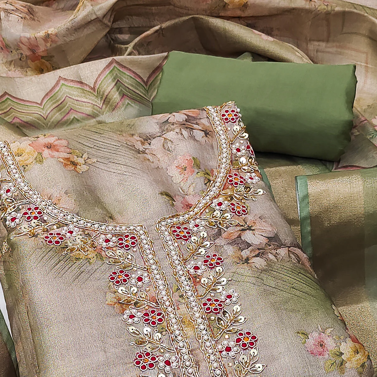 Green Floral Digital Printed With Handwork Viscose Dress Material - Image 2