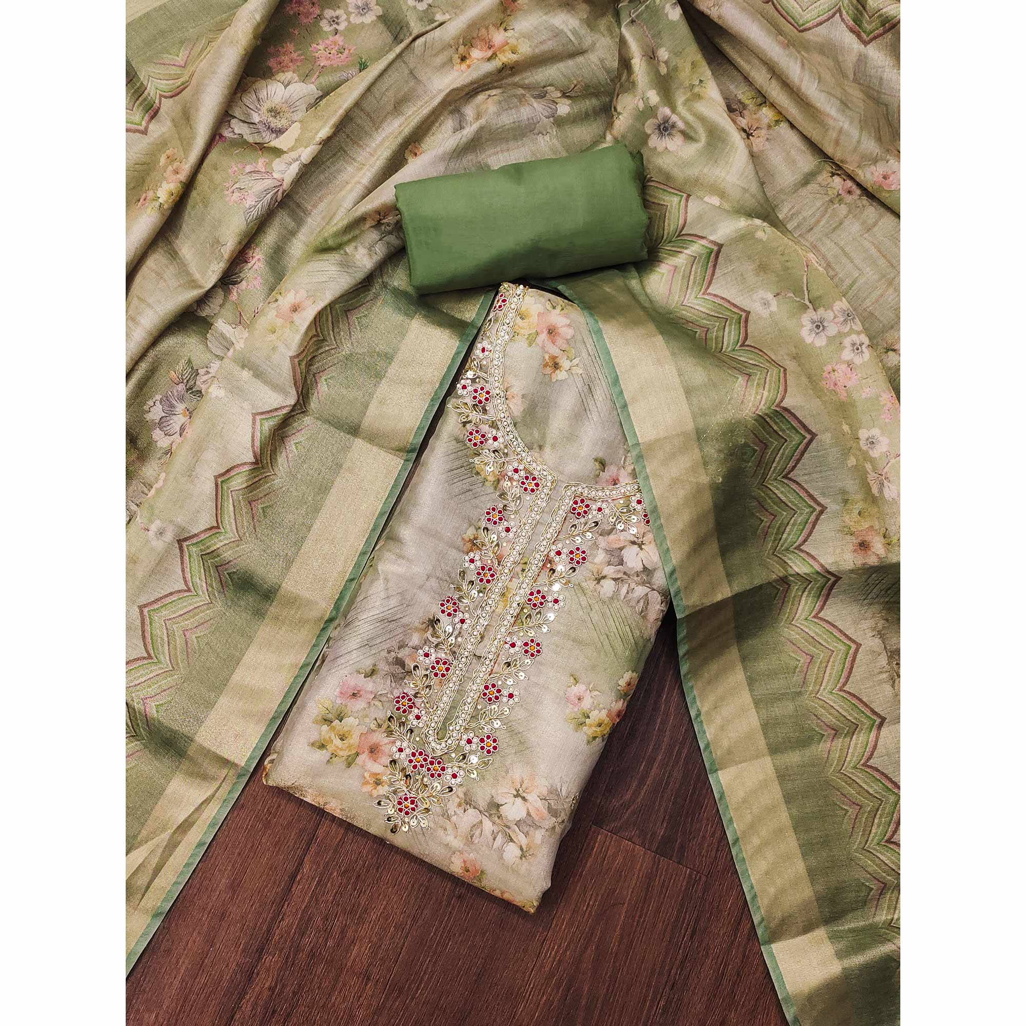 Green Floral Digital Printed With Handwork Viscose Dress Material - Image 3