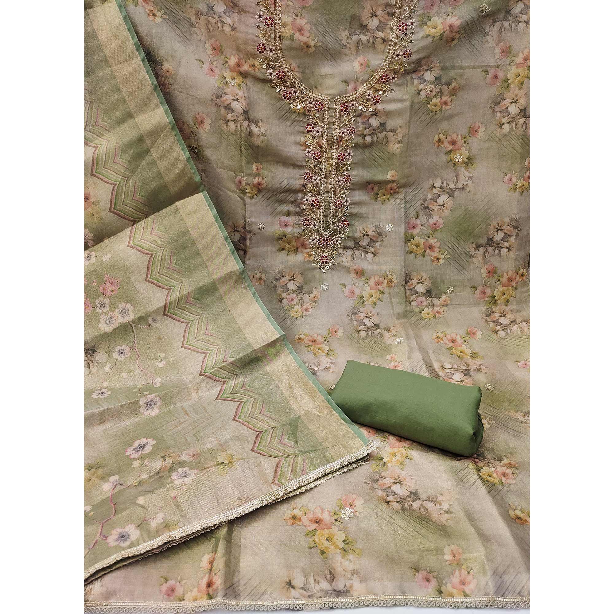 Green Floral Digital Printed With Handwork Viscose Dress Material - Image 4