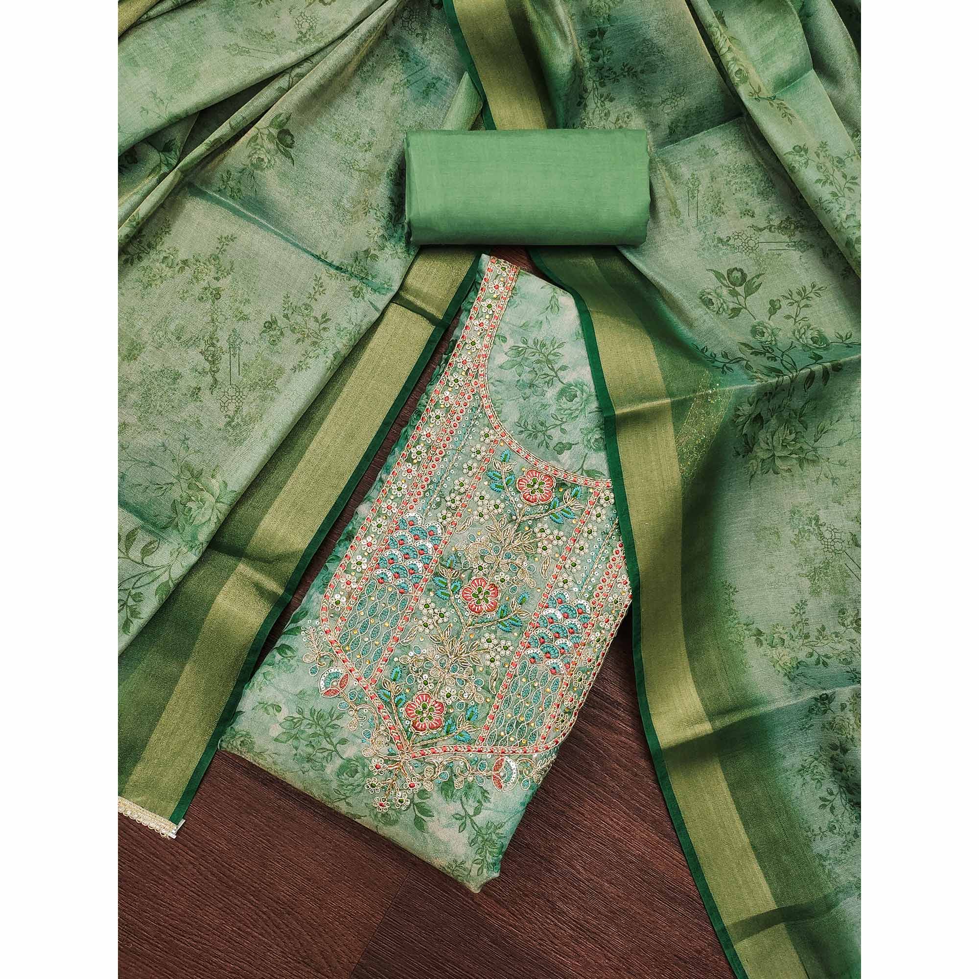 Green Floral Digital Printed With Moti Handwork Cotton Silk Dress Material - Image 3