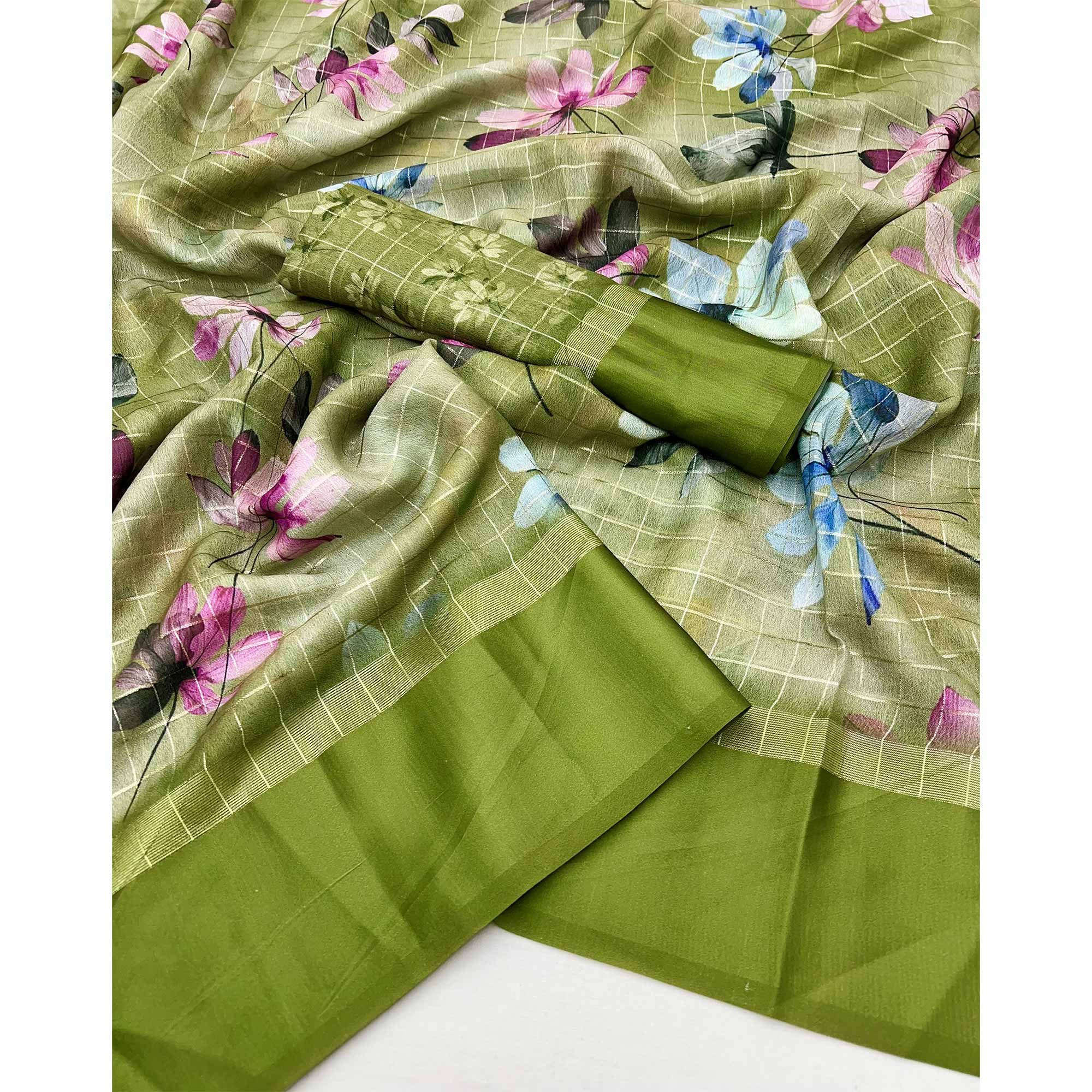 Green Floral Digital Printed With Zari Woven Georgette Saree - Image 3