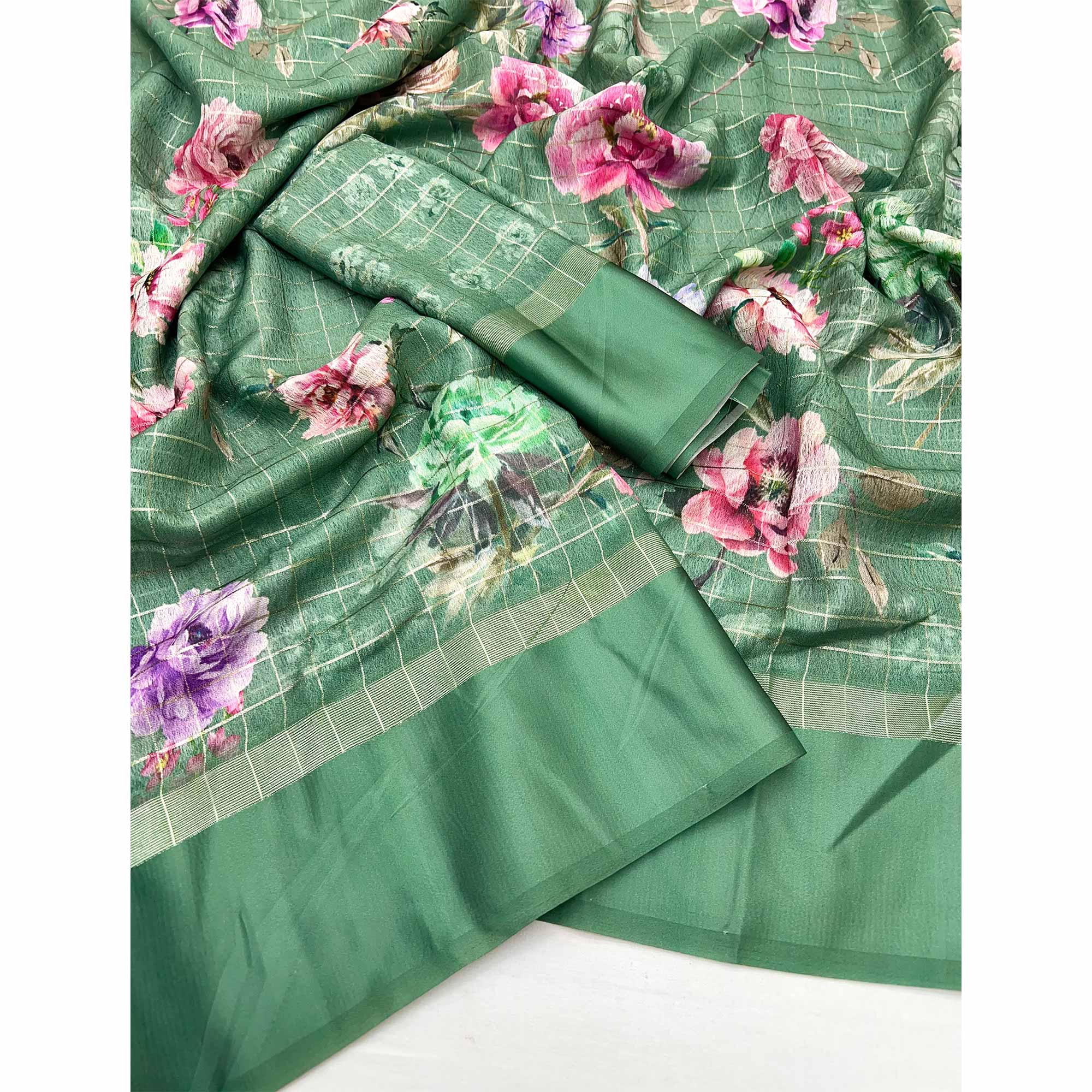 Green Floral Digital Printed With Zari Woven Georgette Saree - Image 3