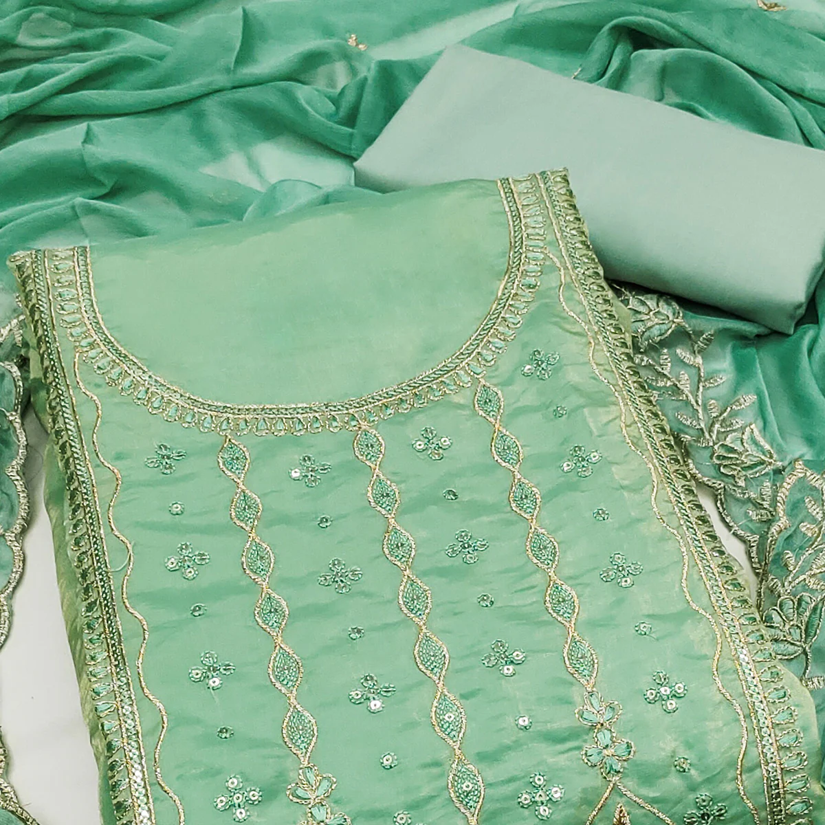Green Floral Elegance With Sequins Embroidery On Viscose Satin Dress Material - Image 2
