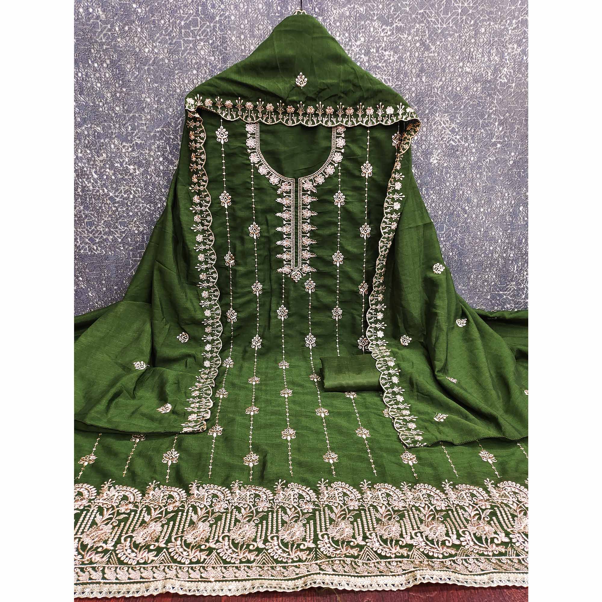 Green Floral Elegance Zari Embroidered Vichitra Silk Dress Material - Image 4