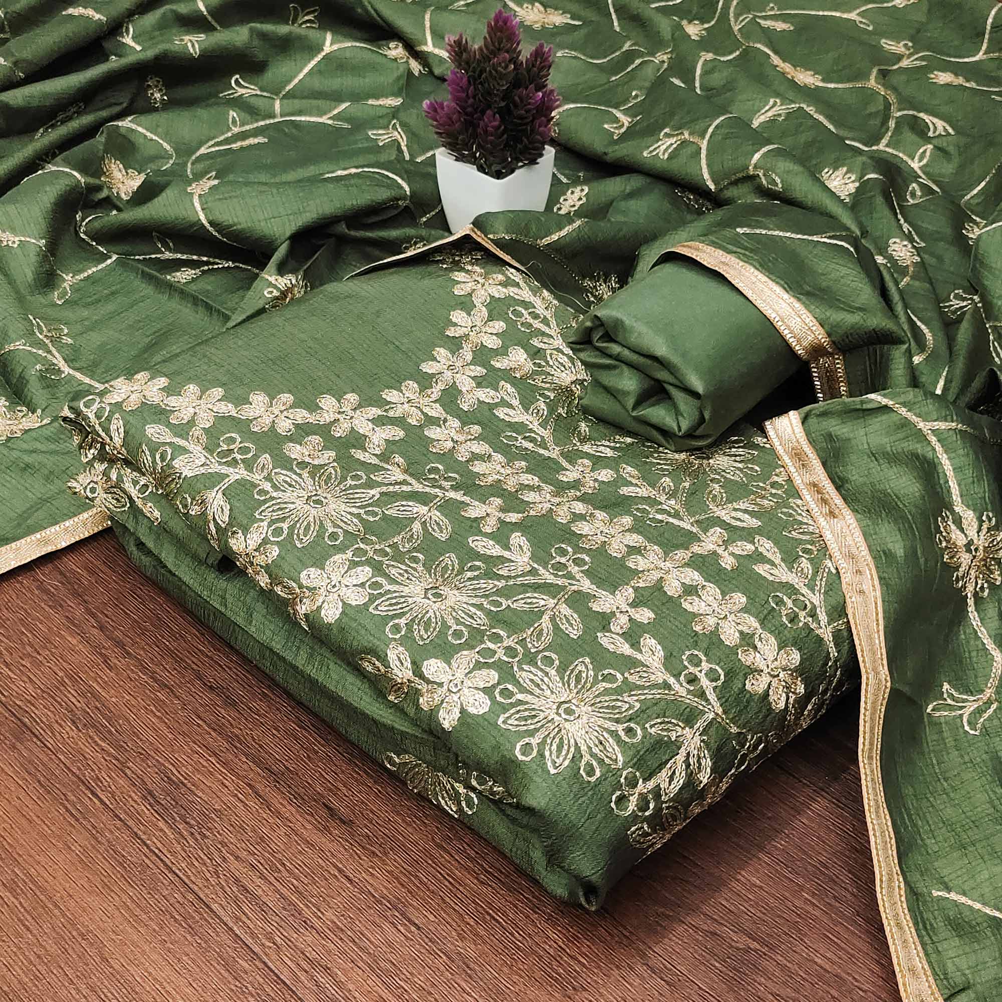 Green Floral Embroidered Art Silk Dress Material - Image 3