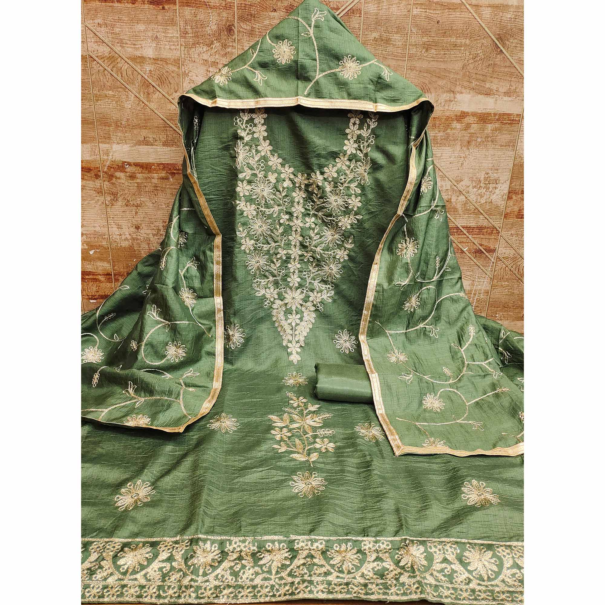 Green Floral Embroidered Art Silk Dress Material - Image 4