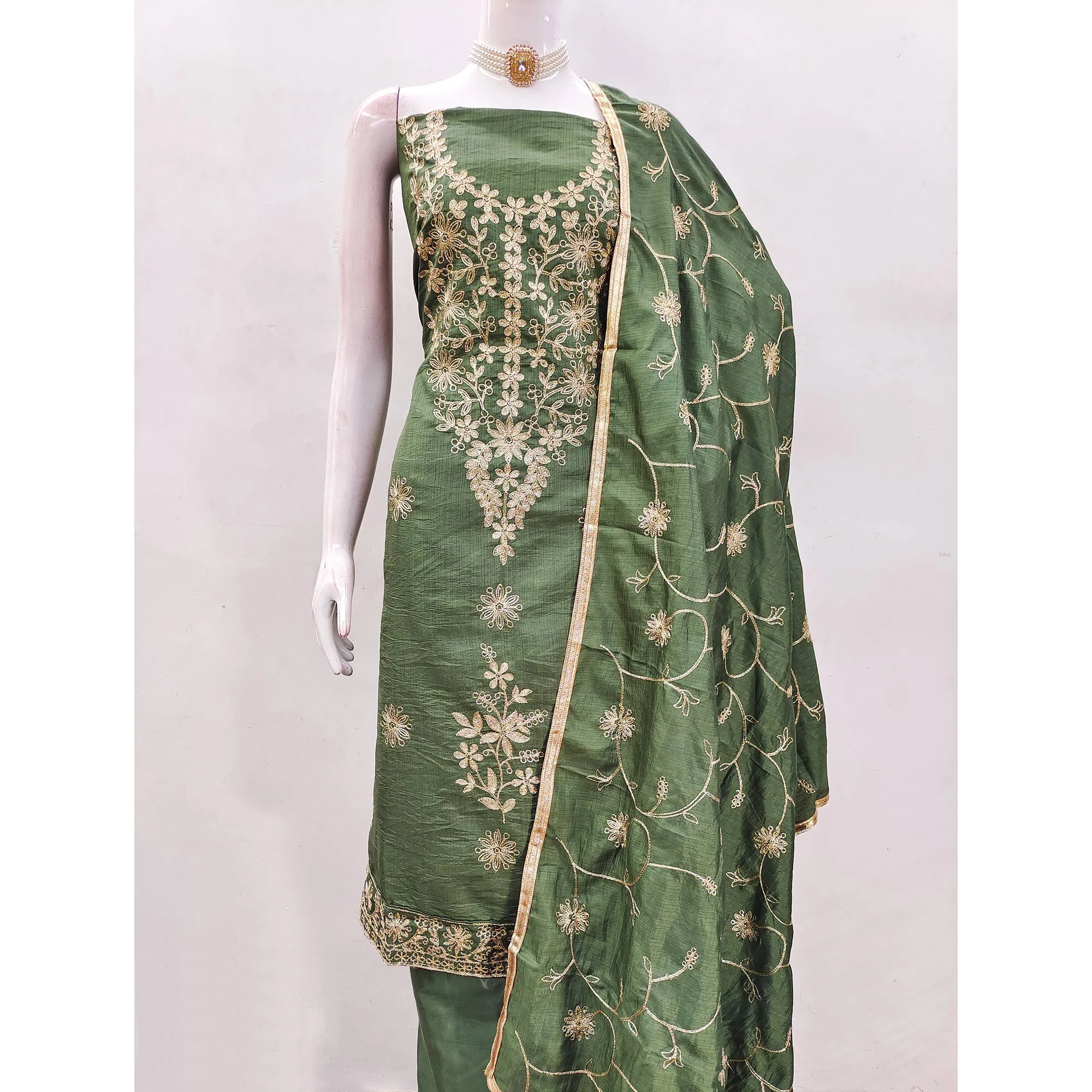 Green Floral Embroidered Art Silk Dress Material - Image 5