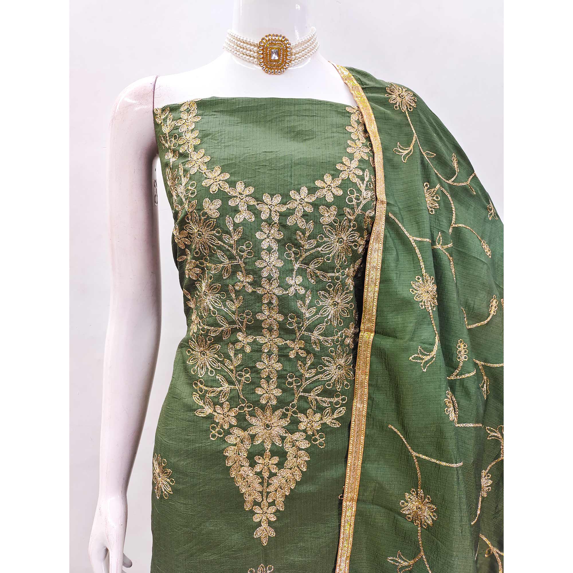 Green Floral Embroidered Art Silk Dress Material - Image 6