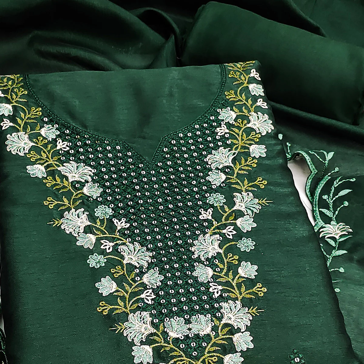 Green Floral Embroidered Art Silk Suit Material Ideal for Festive and Celebration Looks - Image 2