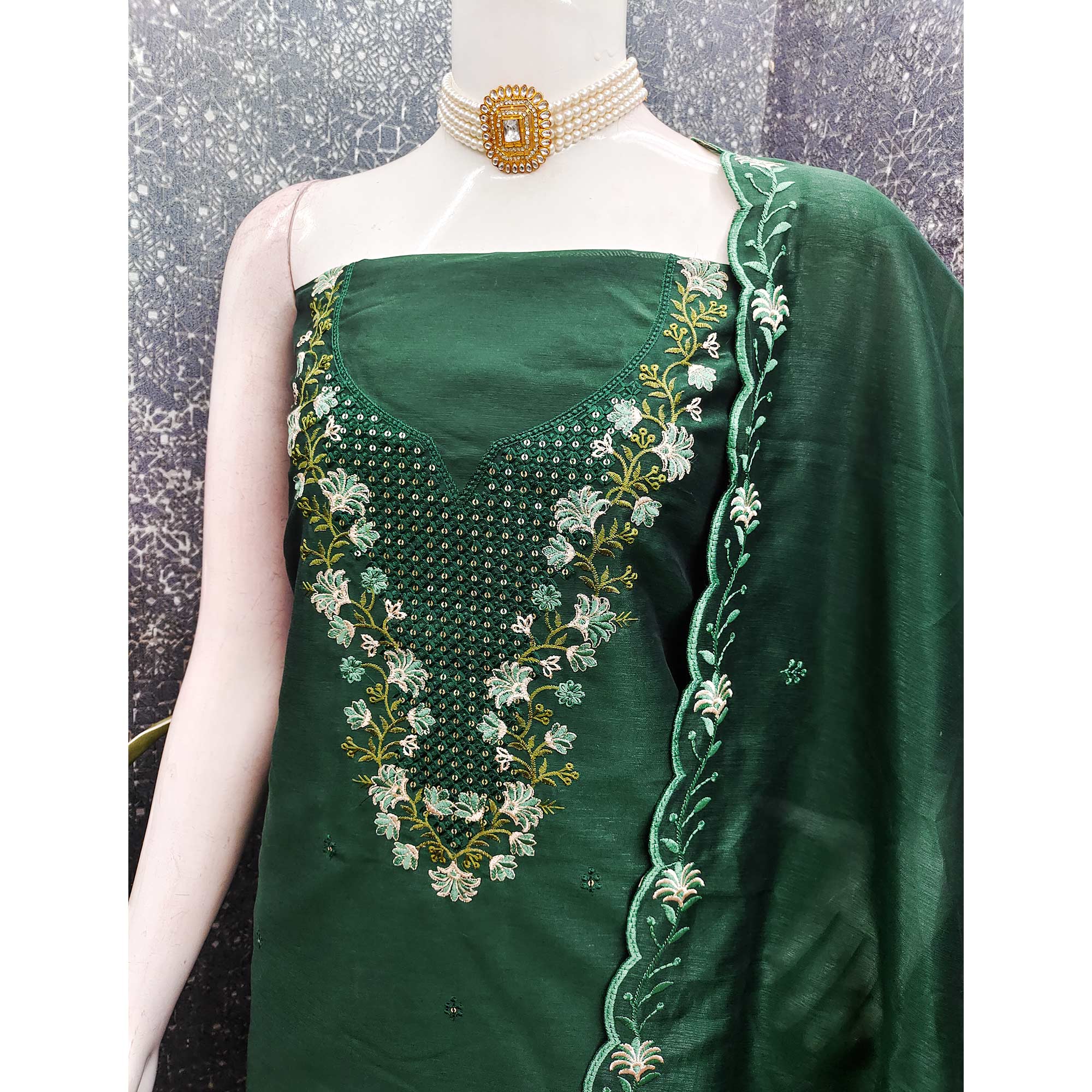 Green Floral Embroidered Art Silk Suit Material Ideal for Festive and Celebration Looks - Image 4