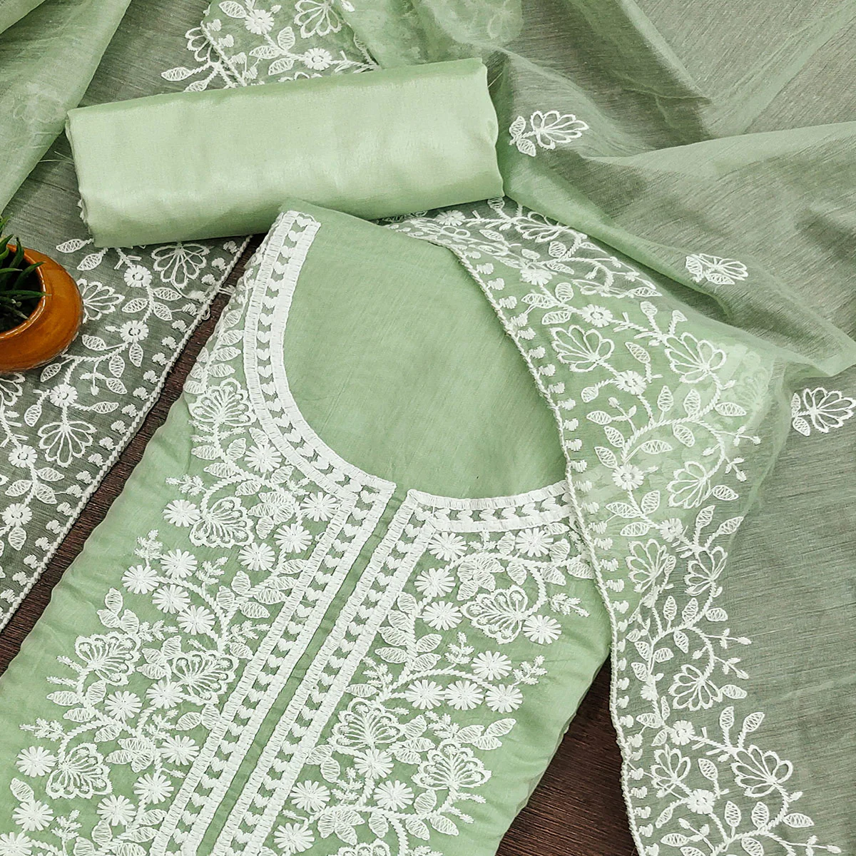 Green Floral Embroidered Chanderi Cotton Dress Material - Image 2