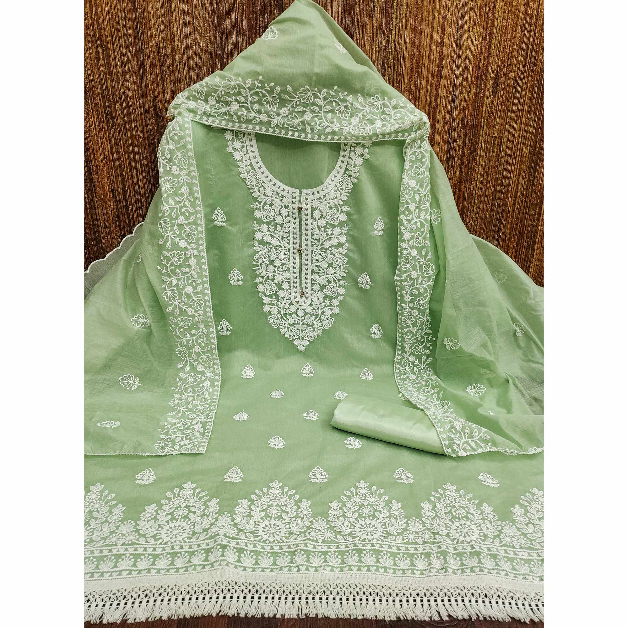 Green Floral Embroidered Chanderi Cotton Dress Material - Image 3