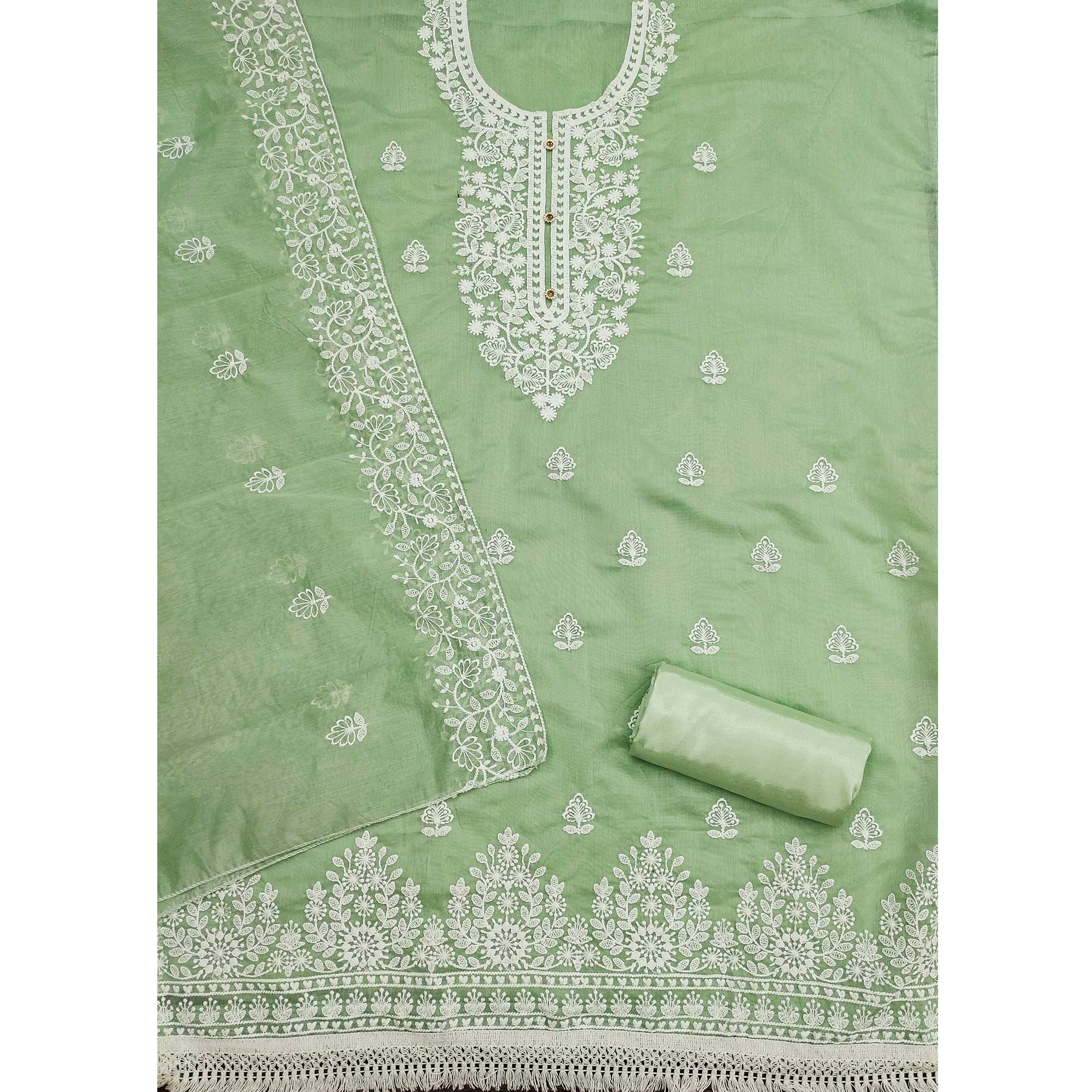 Green Floral Embroidered Chanderi Cotton Dress Material - Image 4