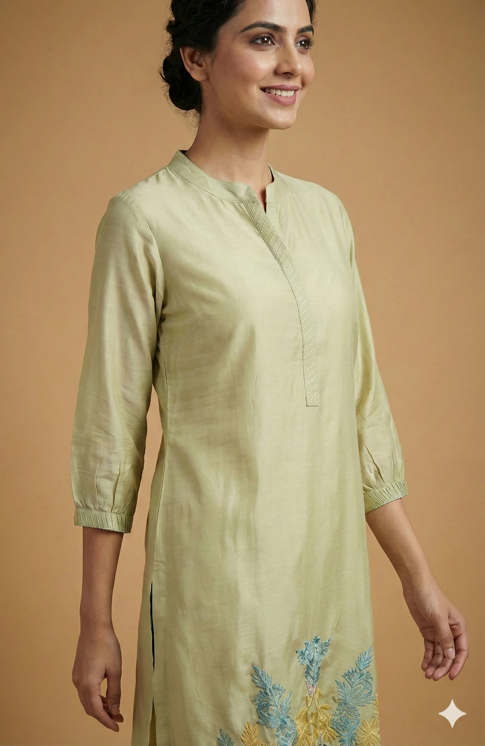 Green Floral Embroidered Chanderi Silk A-Line Top and Bottom Set for Sophisticated Ethnic Styling - Image 2