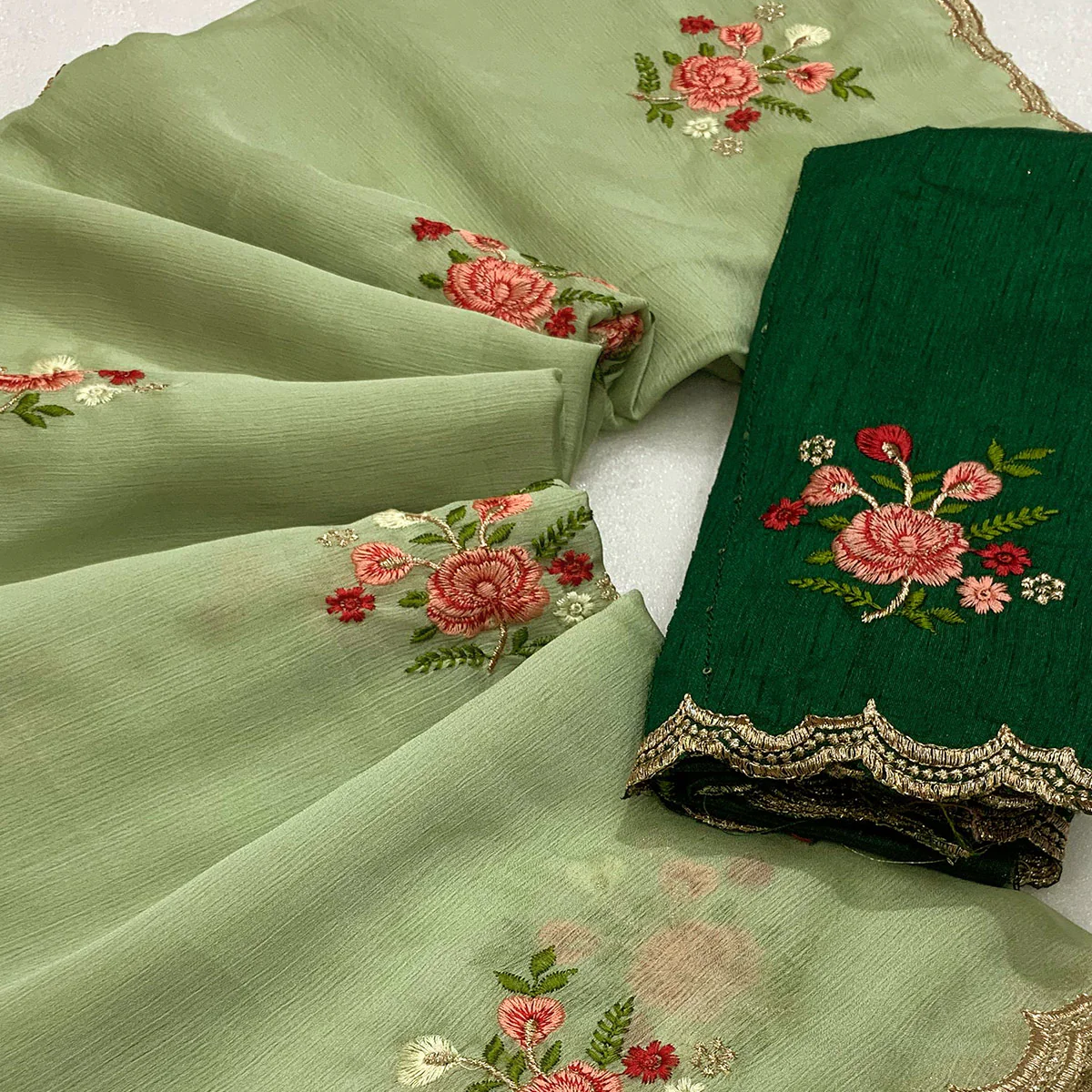 Green Floral Embroidered Chiffon Saree - Image 2