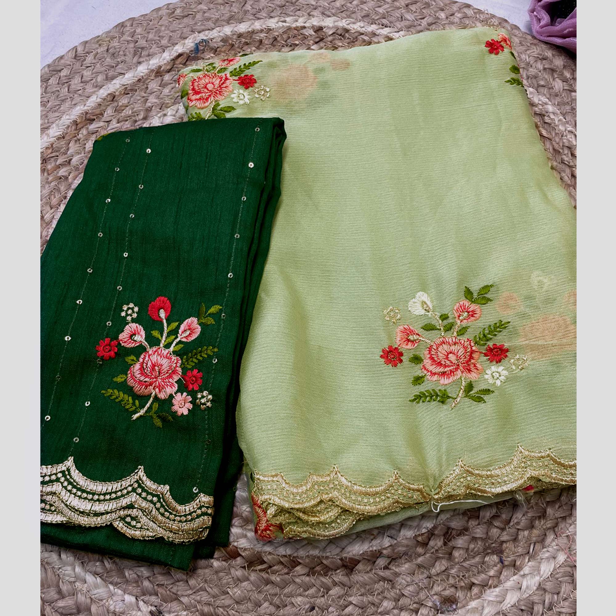 Green Floral Embroidered Chiffon Saree - Image 3