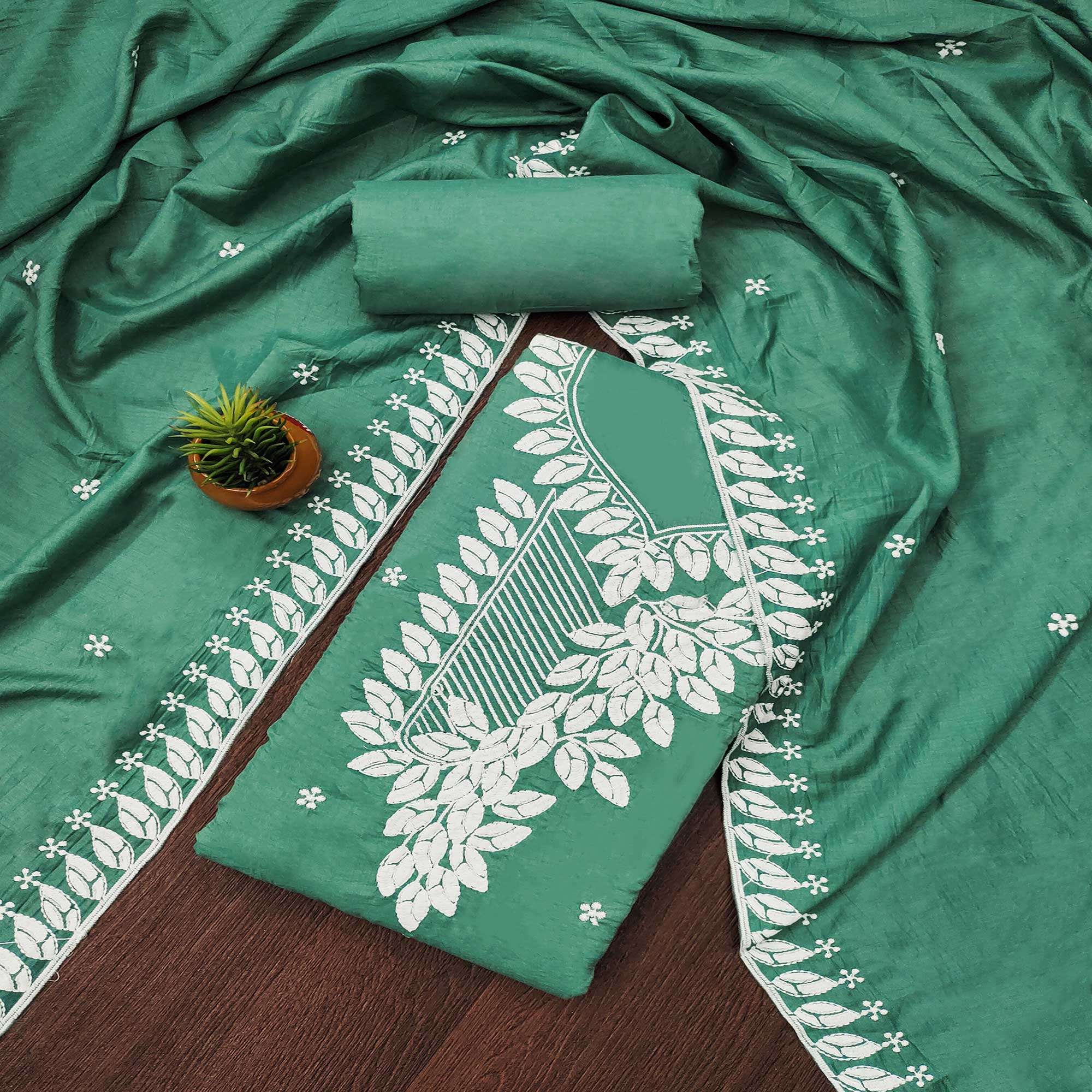 Green Floral Embroidered Cotton Blend Dress Material