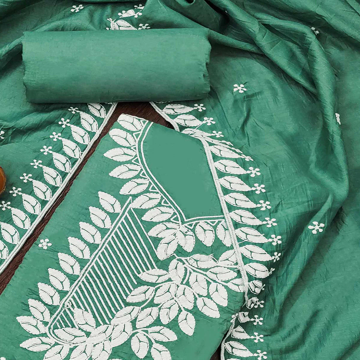 Green Floral Embroidered Cotton Blend Dress Material - Image 2