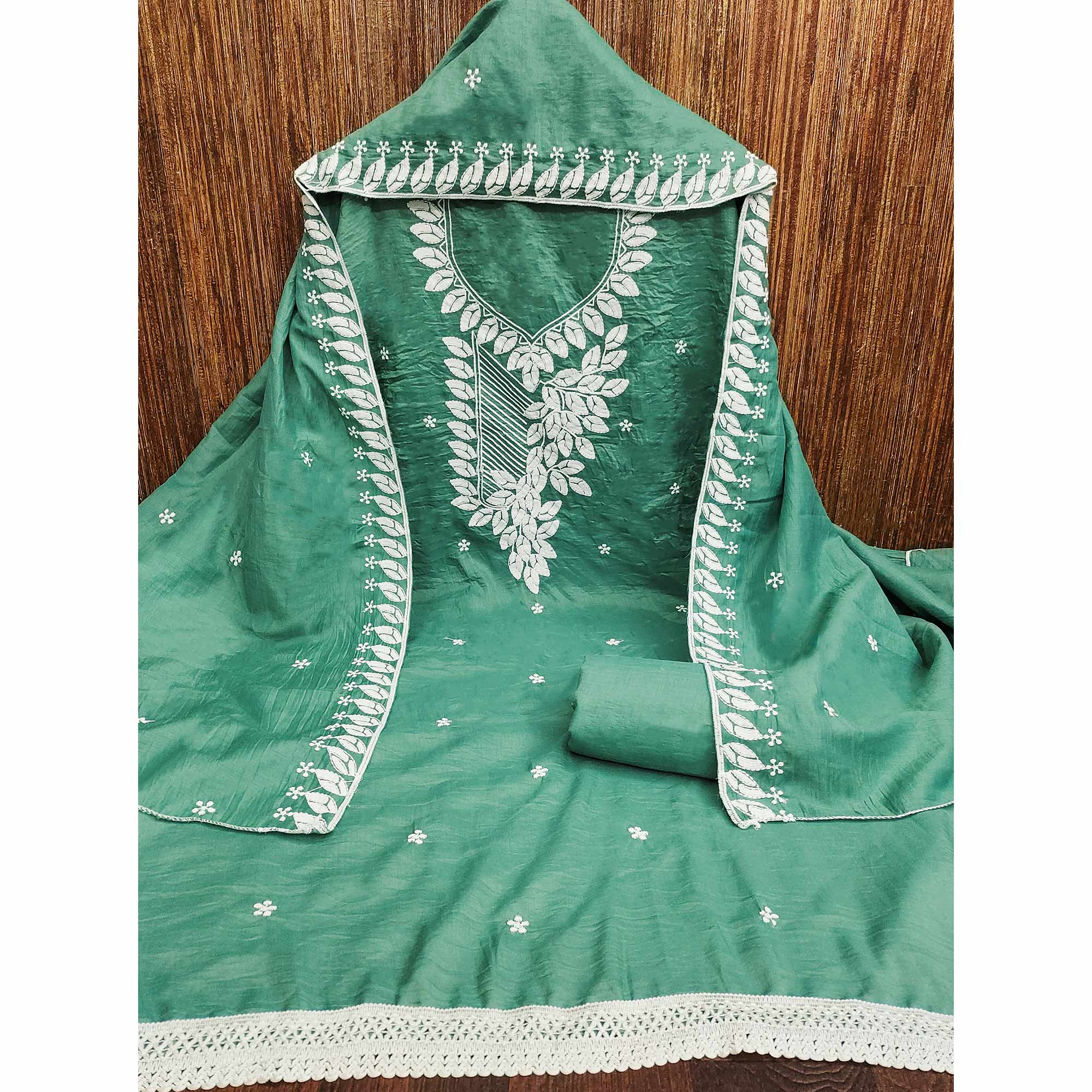 Green Floral Embroidered Cotton Blend Dress Material - Image 3