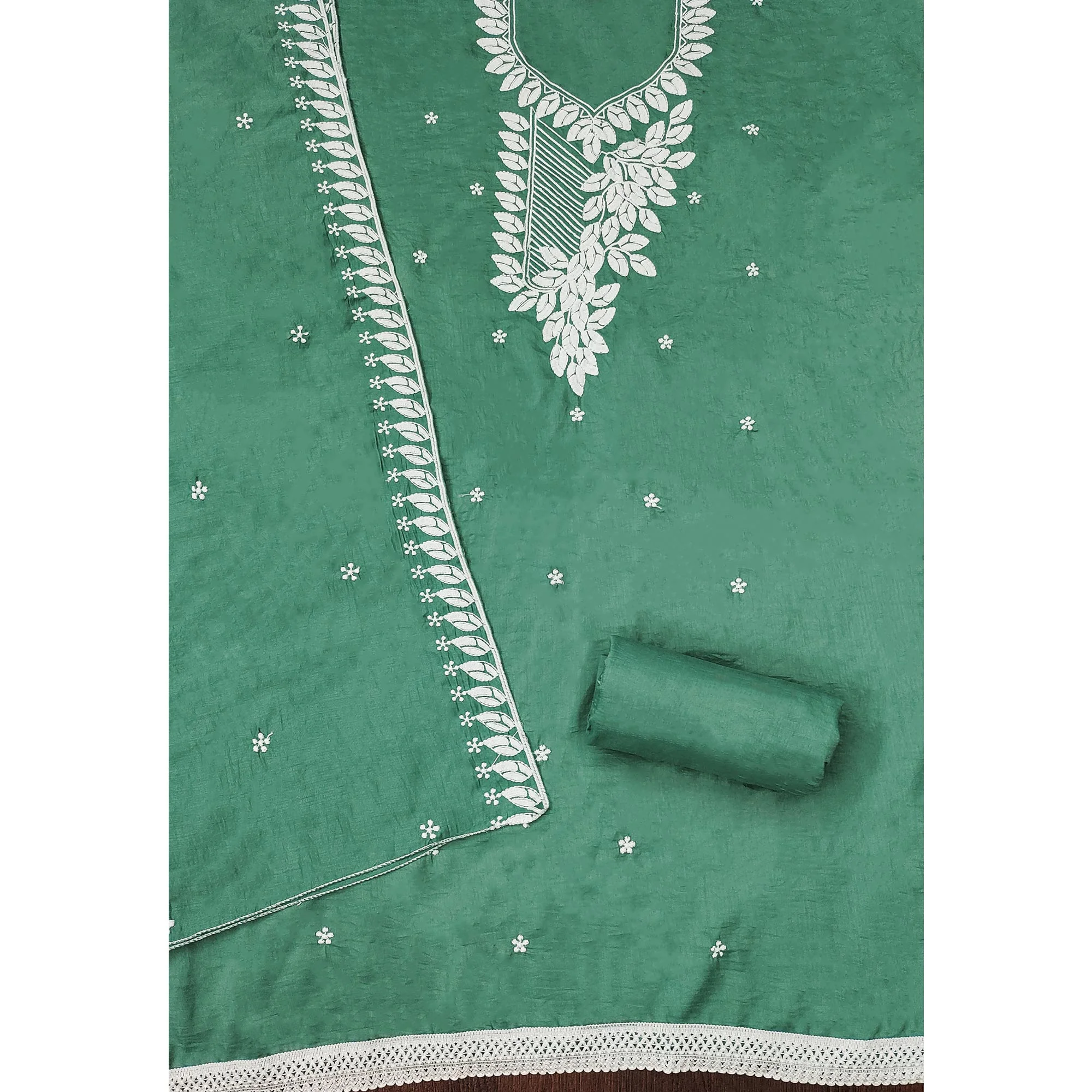 Green Floral Embroidered Cotton Blend Dress Material - Image 4