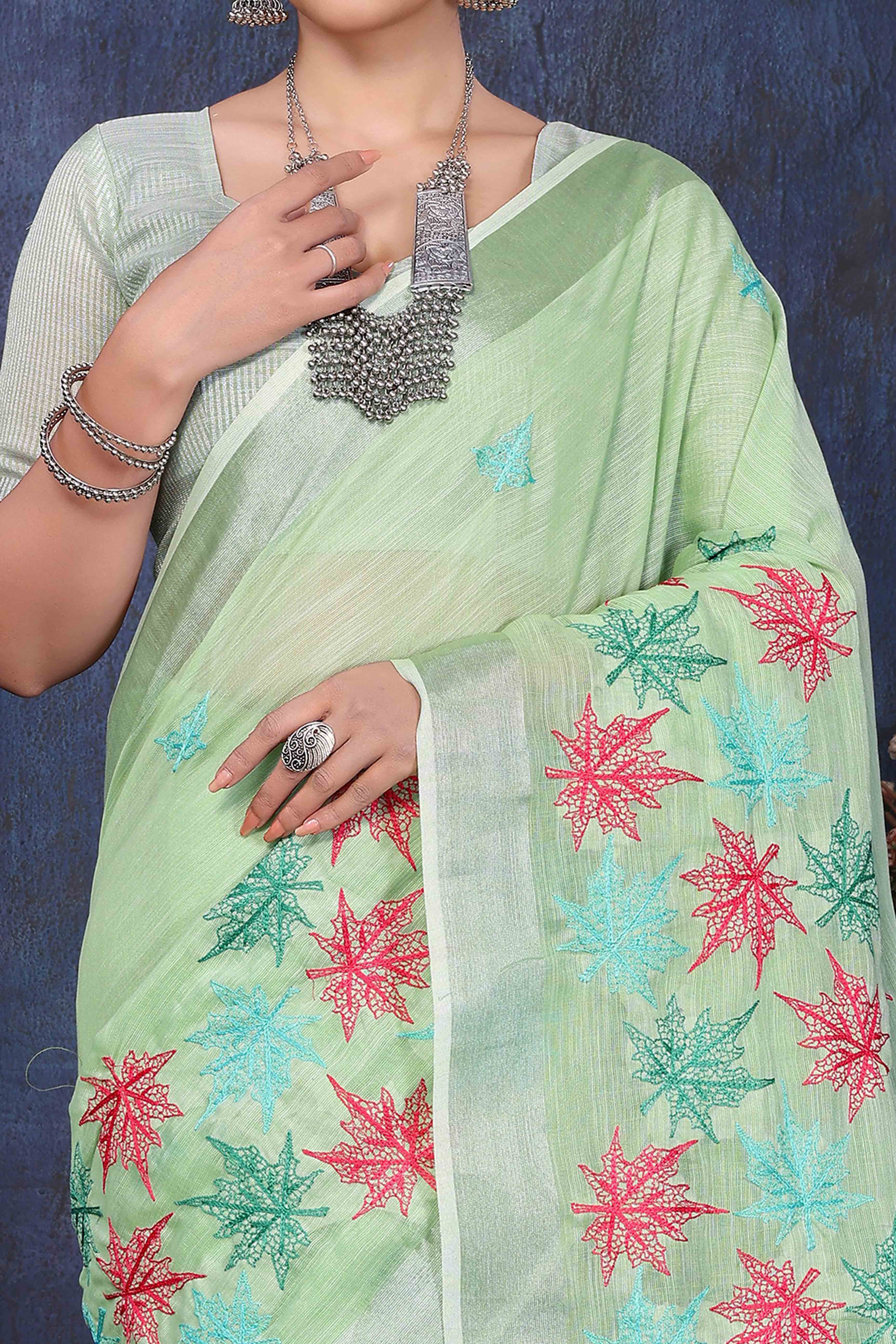 Green Floral Embroidered Cotton Silk Saree - Image 2