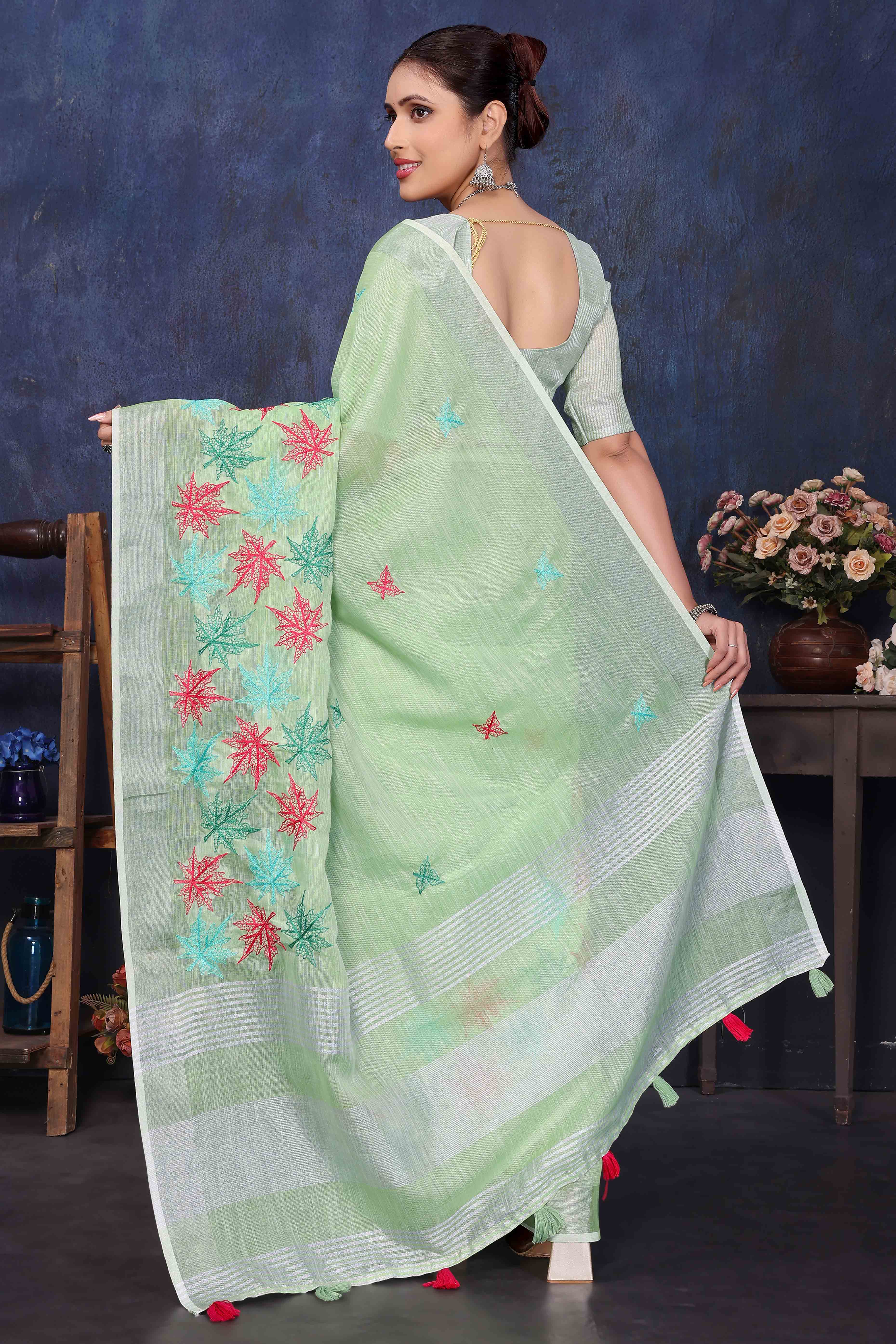 Green Floral Embroidered Cotton Silk Saree - Image 5