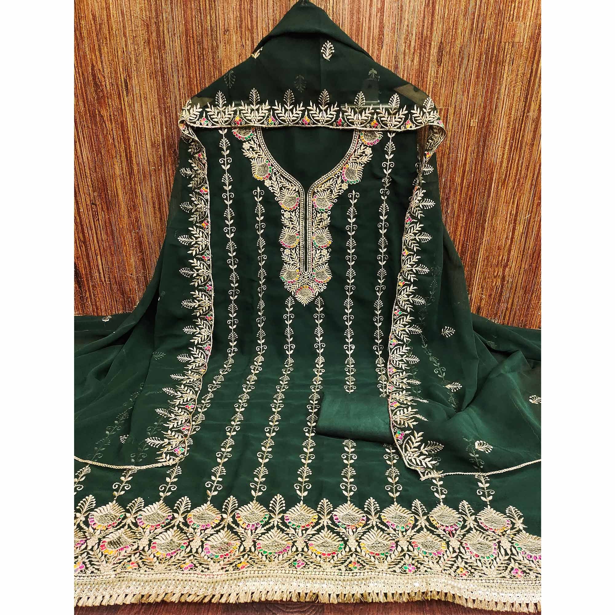 Green Floral Embroidered Georgette Dress Material - Image 3