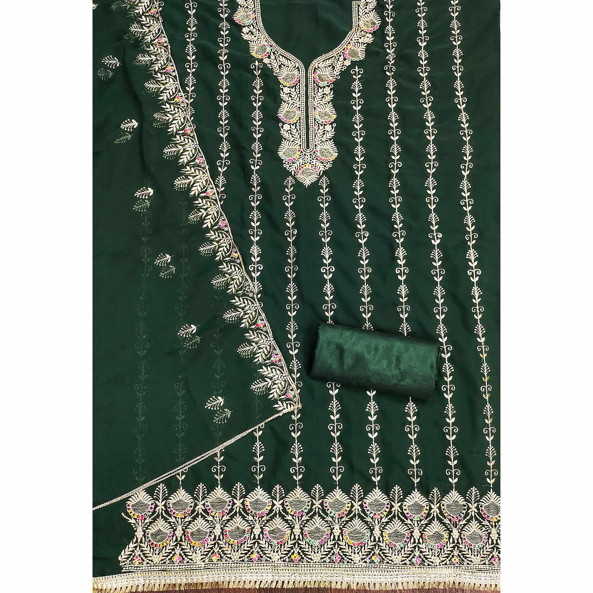 Green Floral Embroidered Georgette Dress Material - Image 4