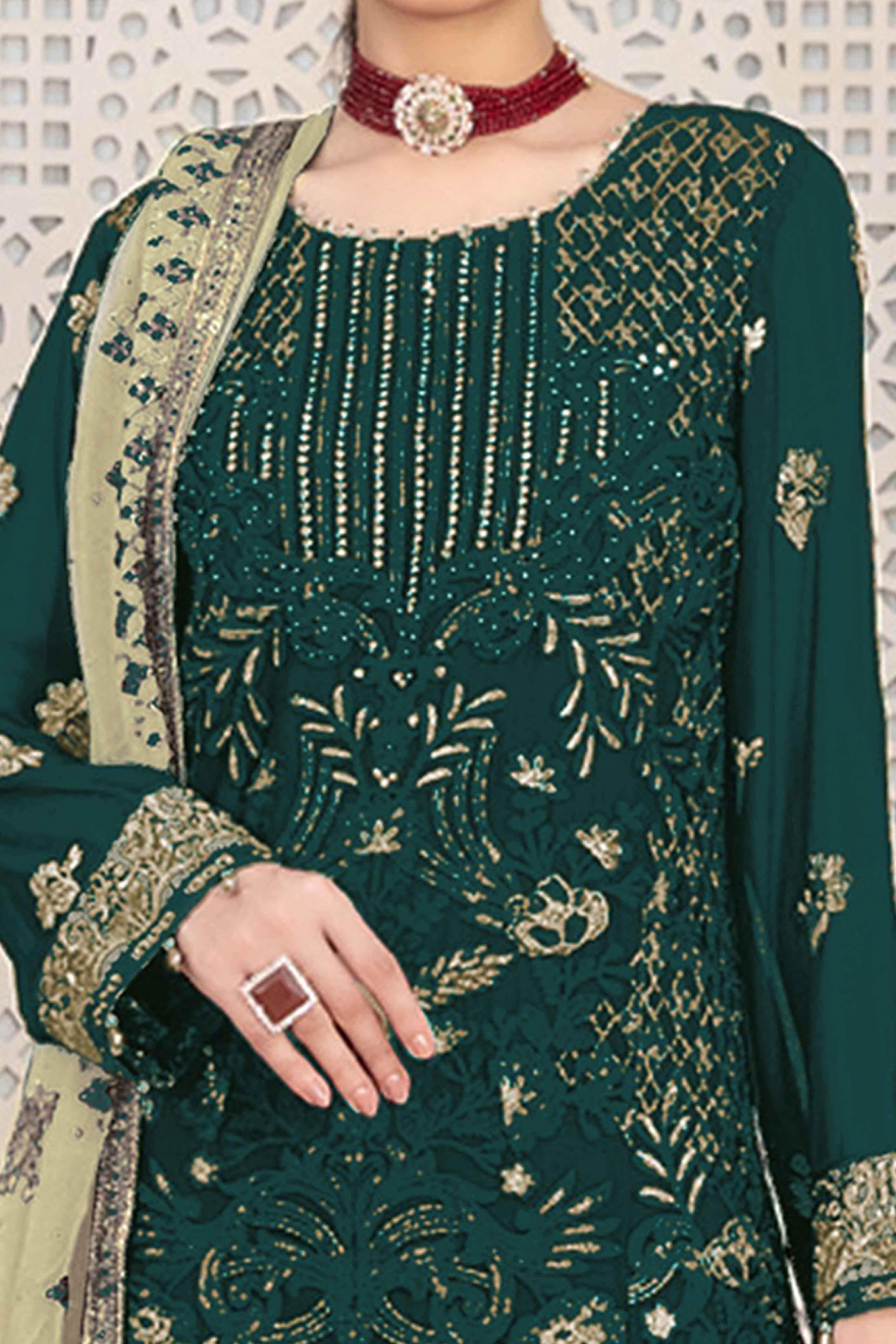 Green Floral Embroidered Georgette Dress Material - Image 2