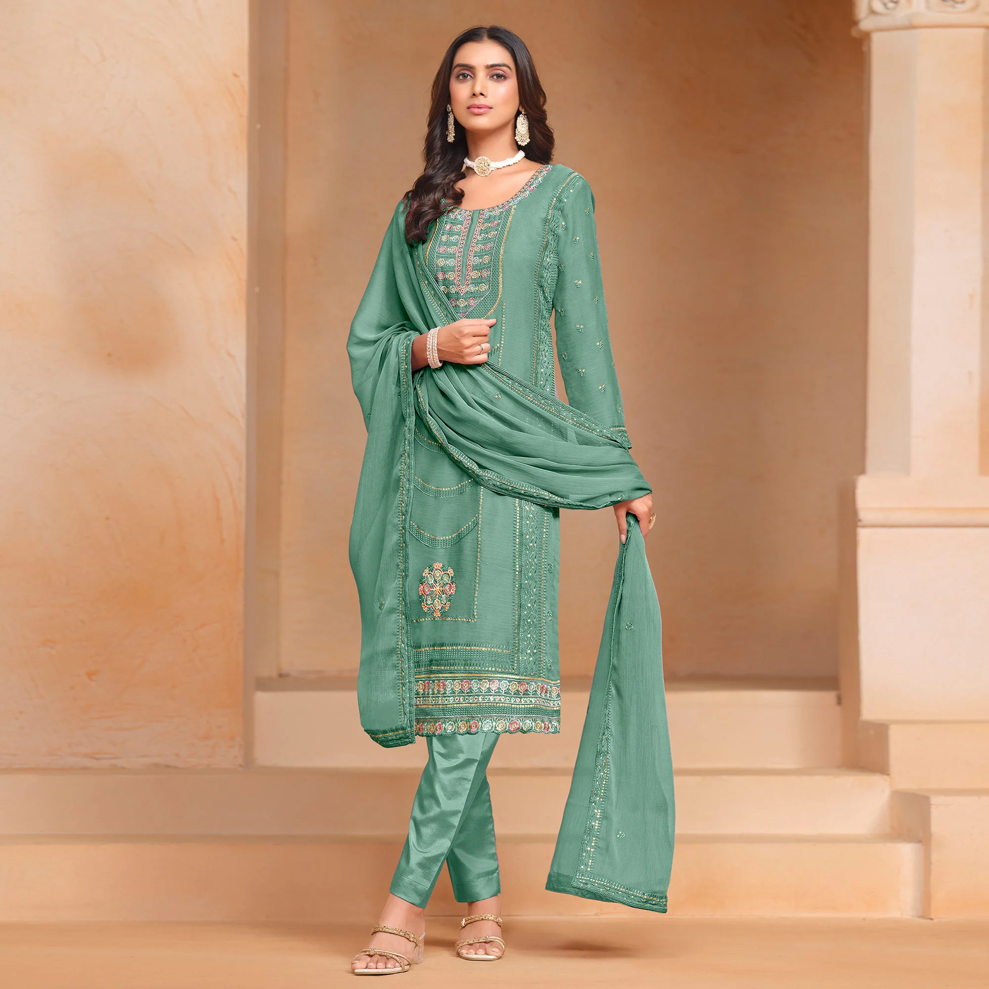Green Floral Embroidered Organza Semi Stitched Salwar Suit - Image 5