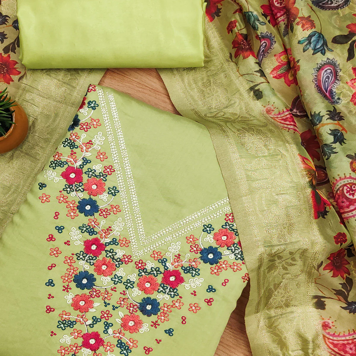 Green Floral Embroidered Roman Cottom Silk Dress Material - Image 2