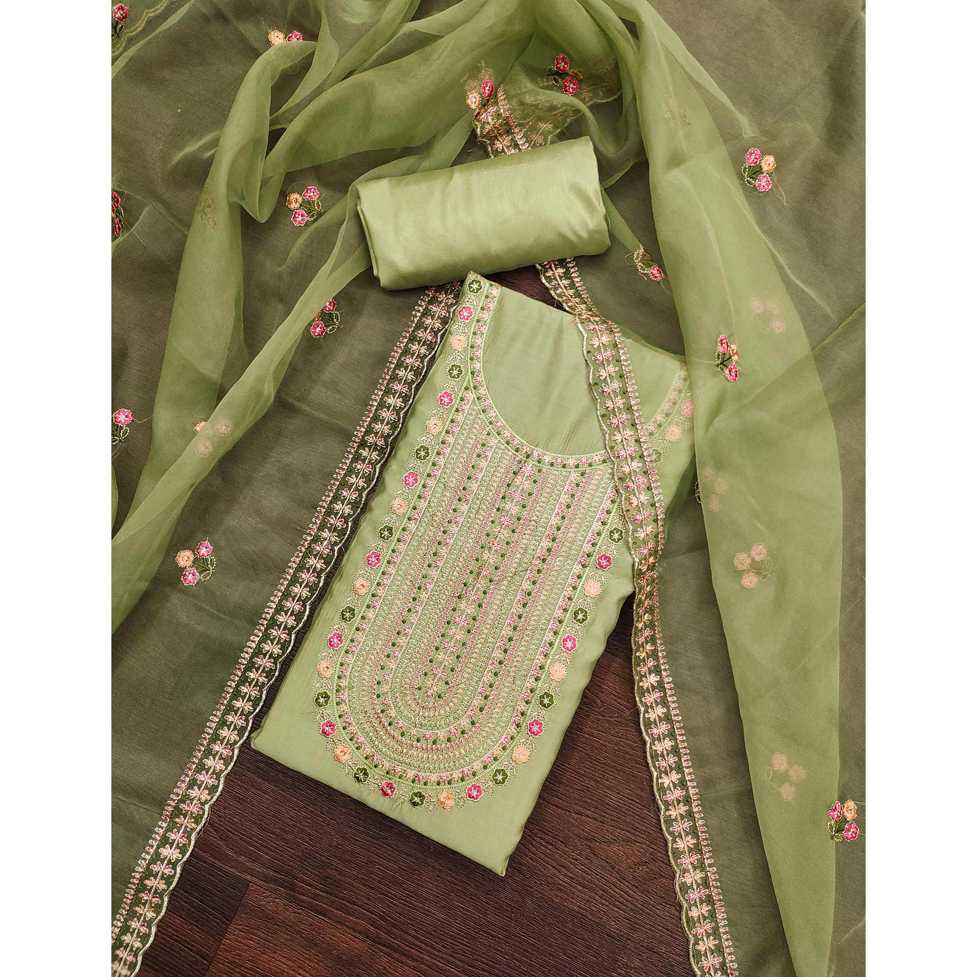 Green Floral Embroidered Roman Cotton Silk Dress Material - Image 3