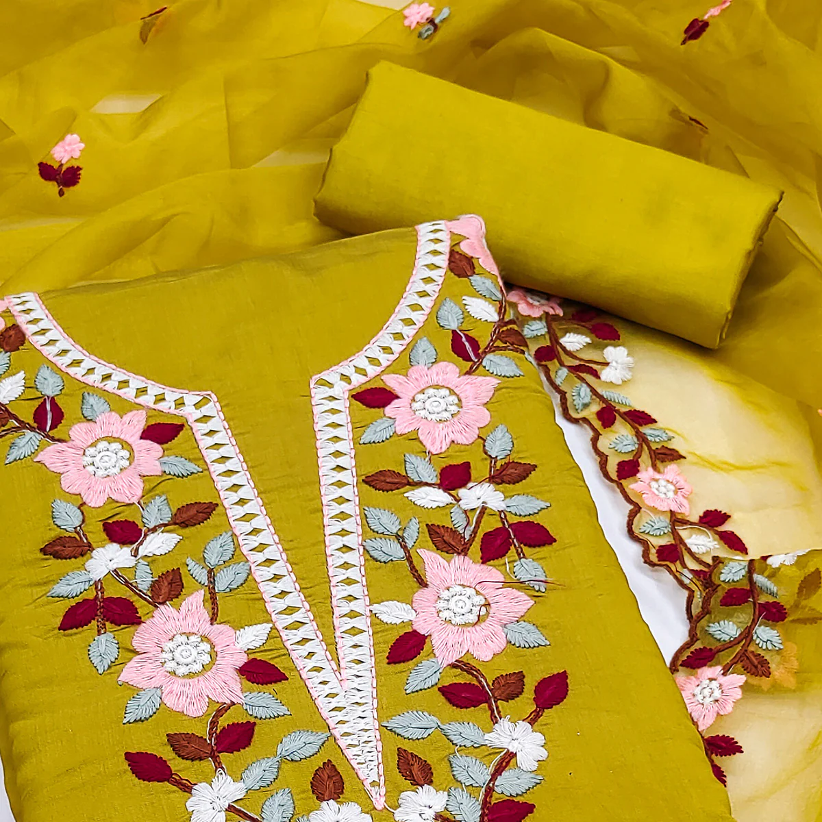 Green Floral Embroidered Roman Cotton Silk Dress Material - Image 2