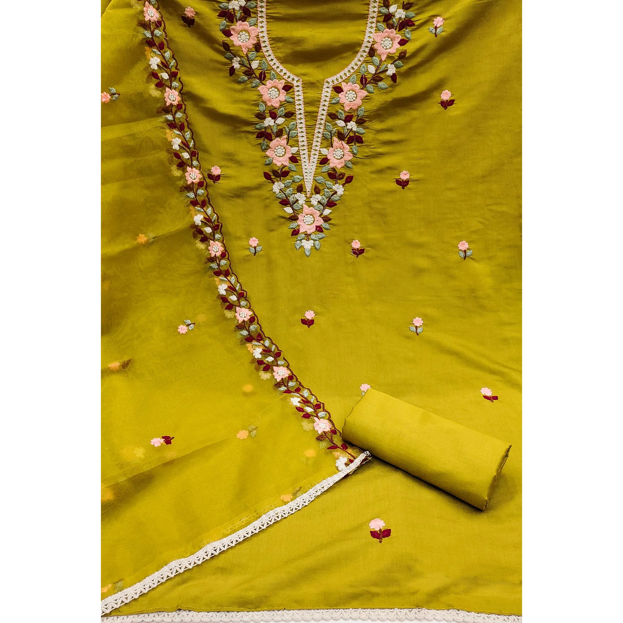 Green Floral Embroidered Roman Cotton Silk Dress Material - Image 3