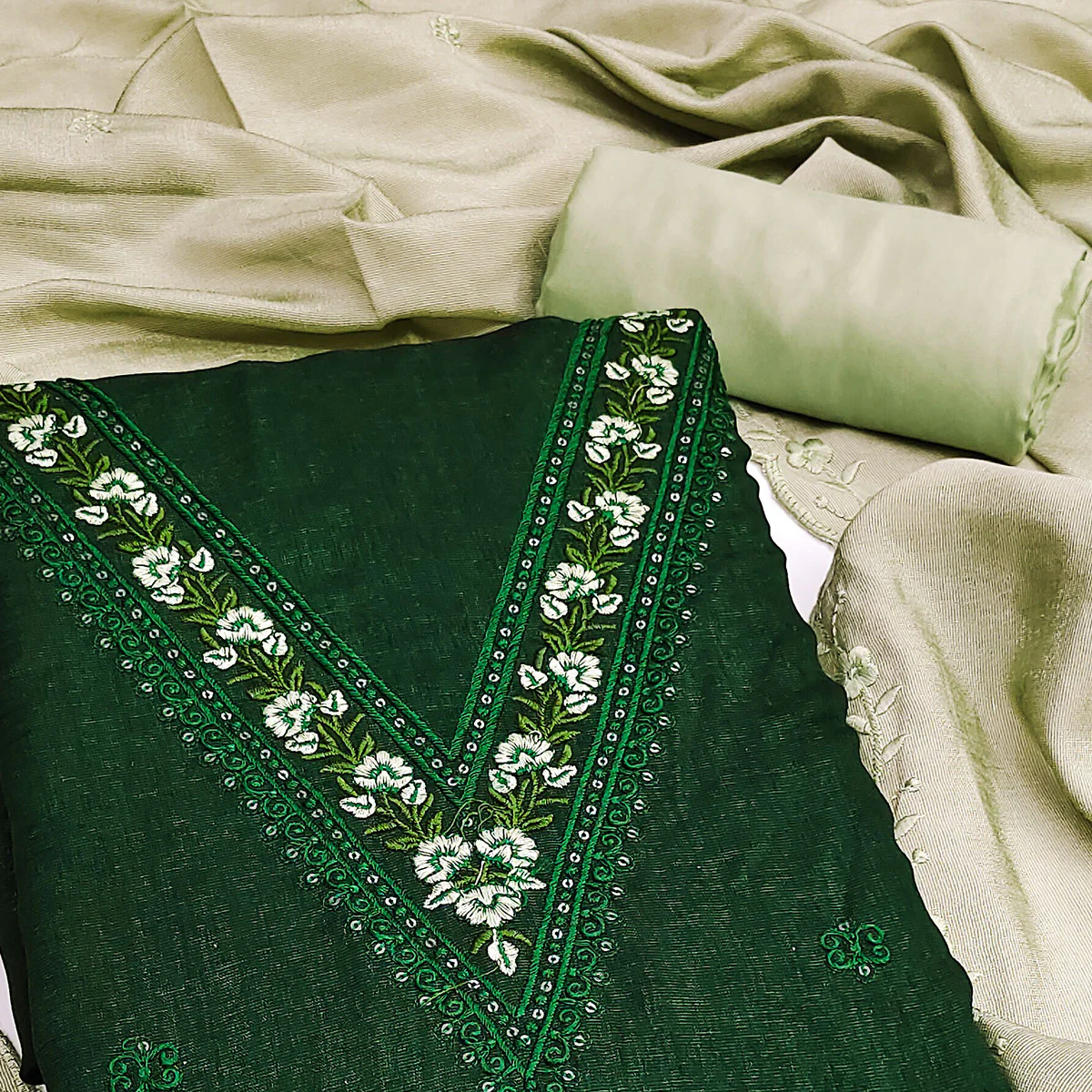 Green Floral Embroidered Vichitra Silk Dress Material - Image 2